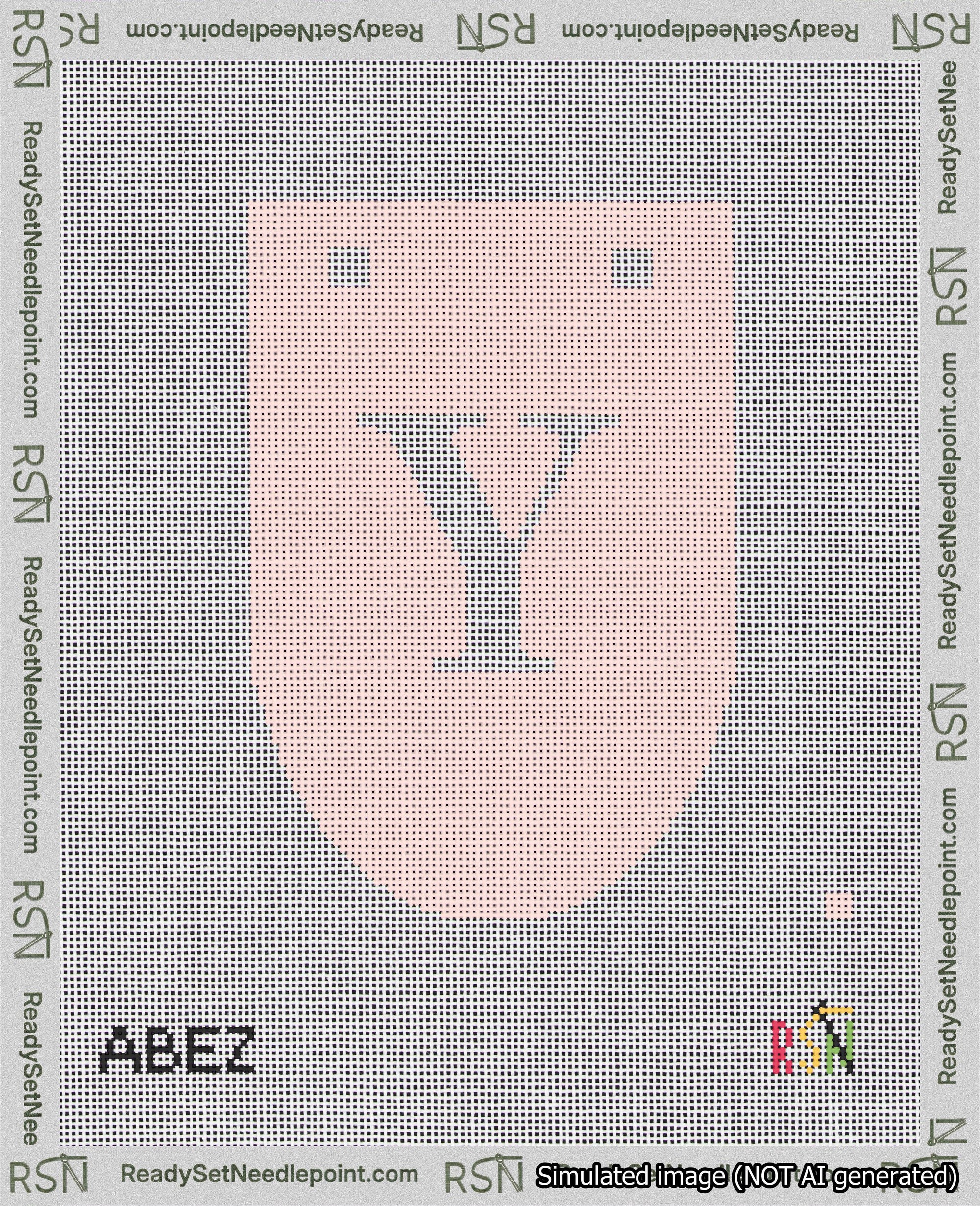 A taped needlepoint canvas with the design: Banner 18 mesh count Rounded Y White on Pink.