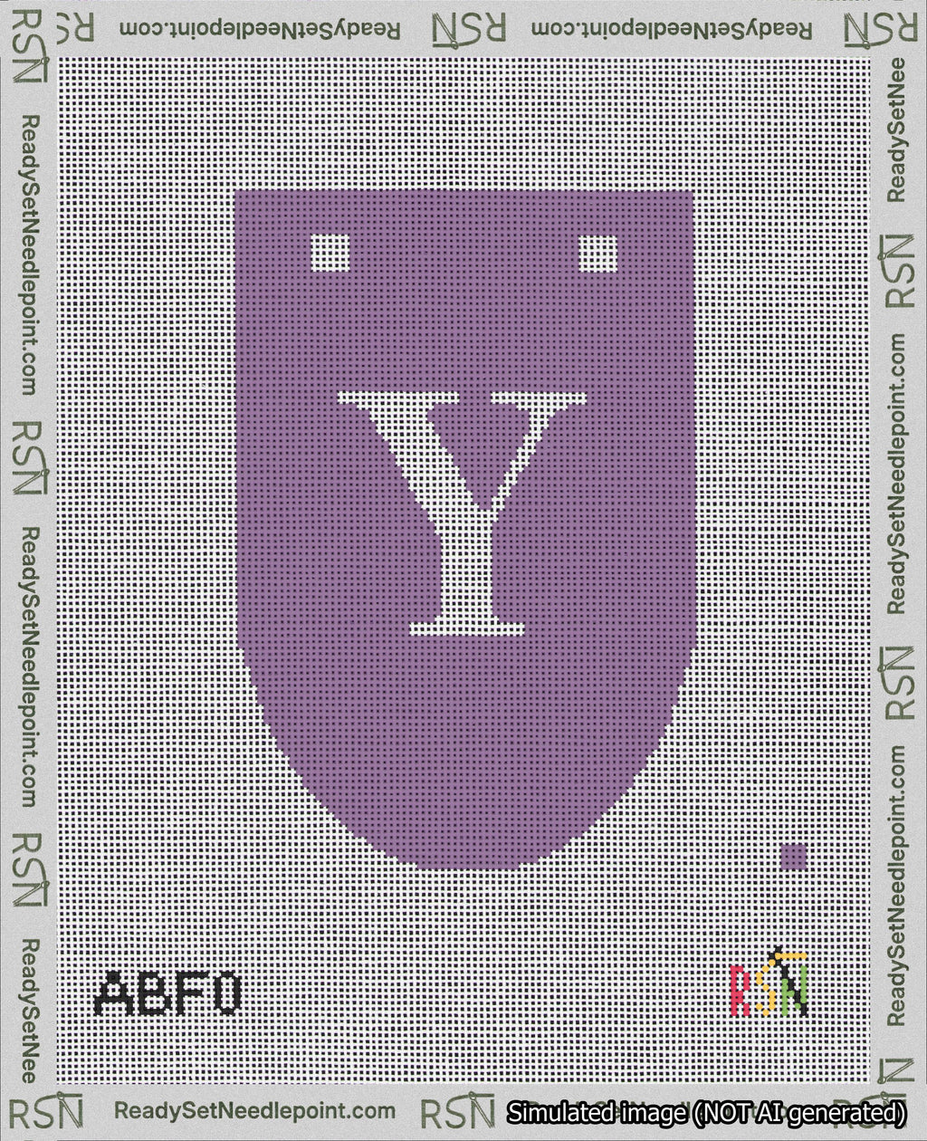 A taped needlepoint canvas with the design: Banner 18 mesh count Rounded Y White on Purple.