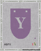 A taped needlepoint canvas with the design: Banner 18 mesh count Rounded Y White on Purple.