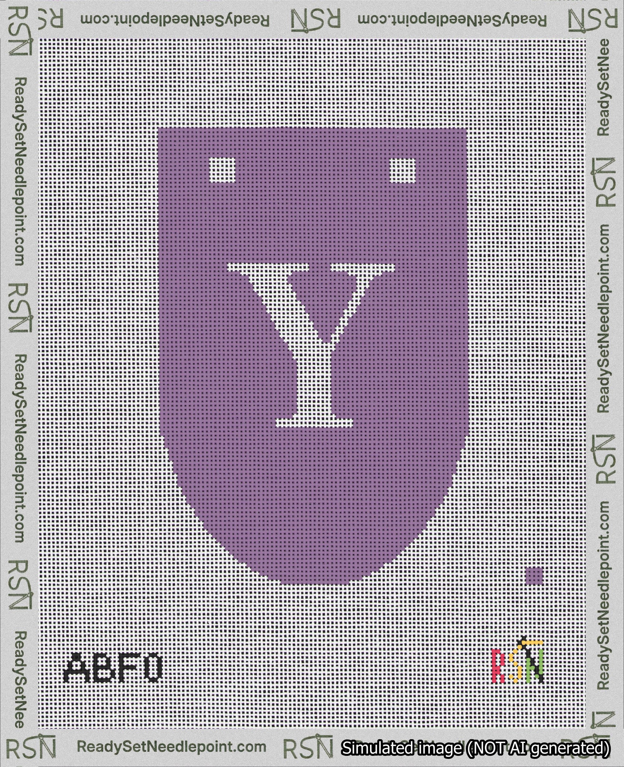 A taped needlepoint canvas with the design: Banner 18 mesh count Rounded Y White on Purple.