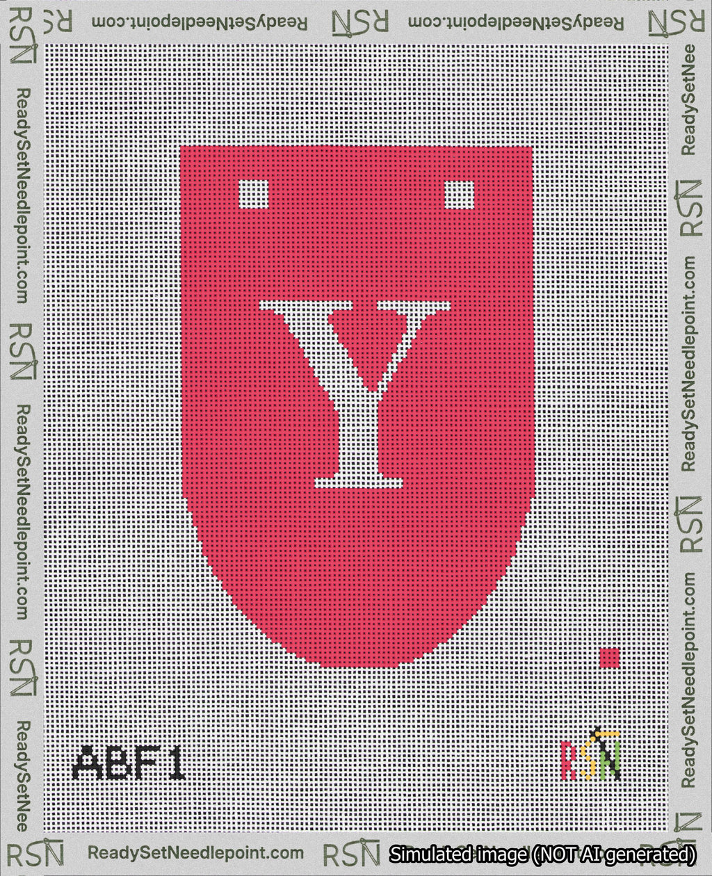 A taped needlepoint canvas with the design: Banner 18 mesh count Rounded Y White on Red.