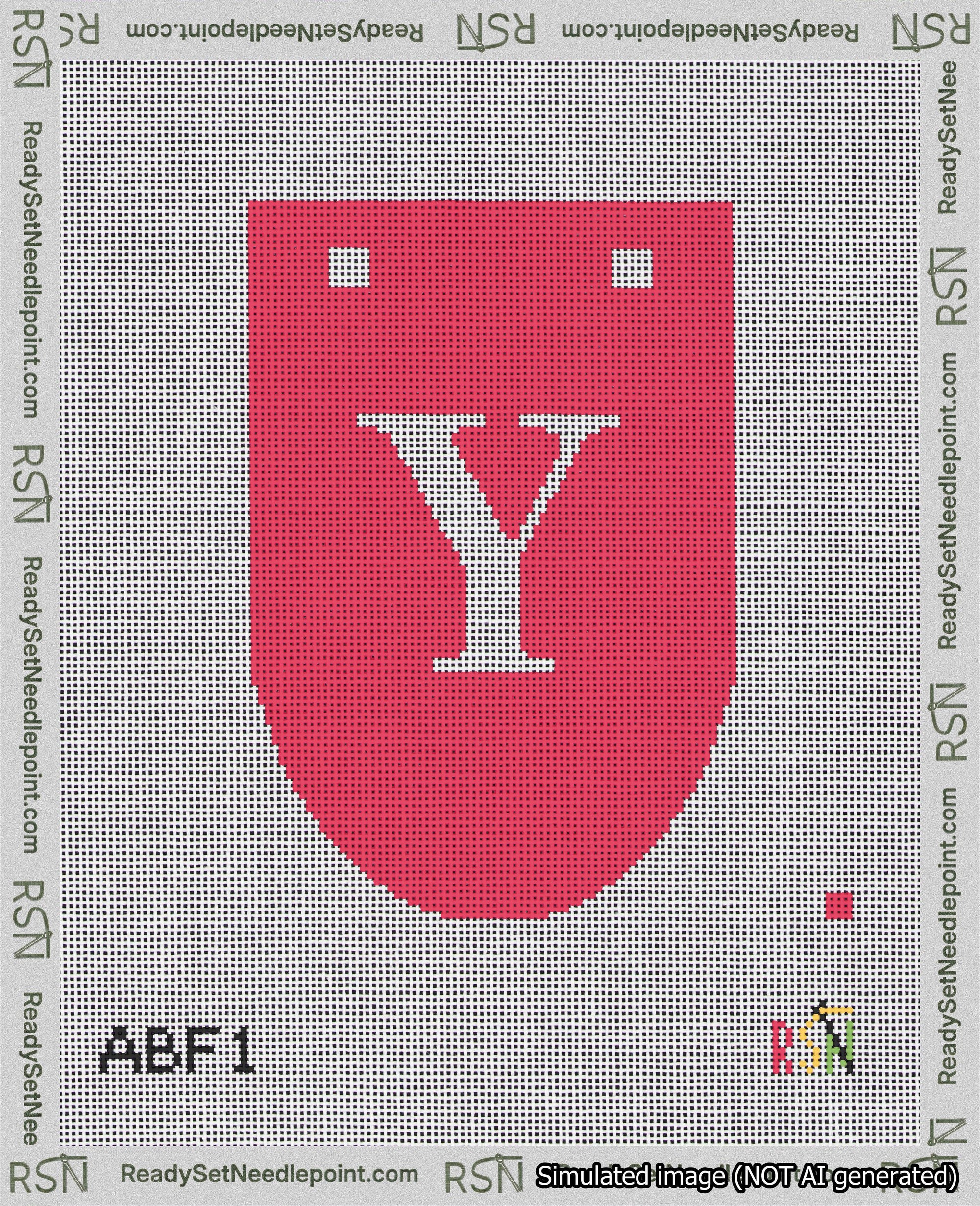 A taped needlepoint canvas with the design: Banner 18 mesh count Rounded Y White on Red.