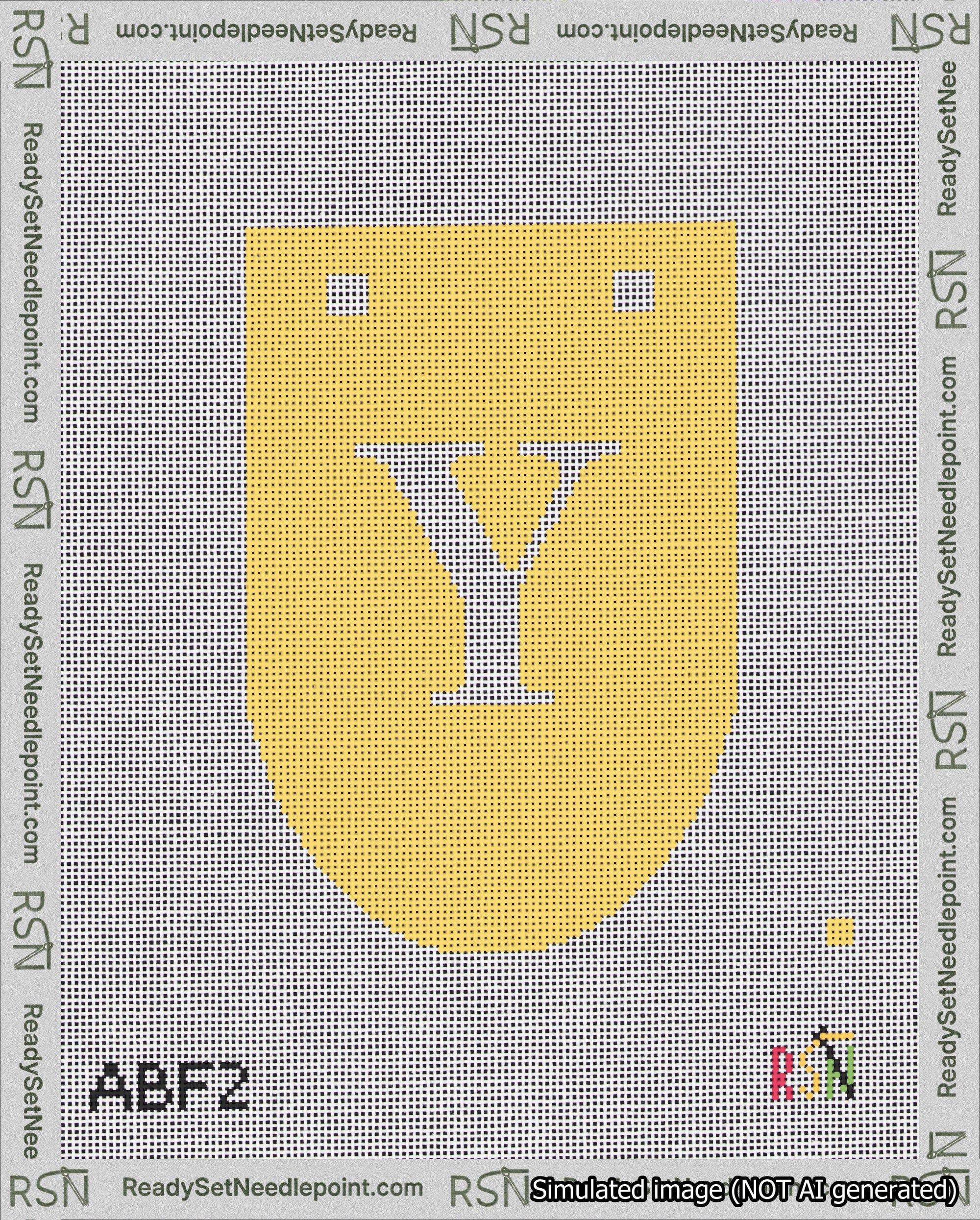 A taped needlepoint canvas with the design: Banner 18 mesh count Rounded Y White on Yellow.