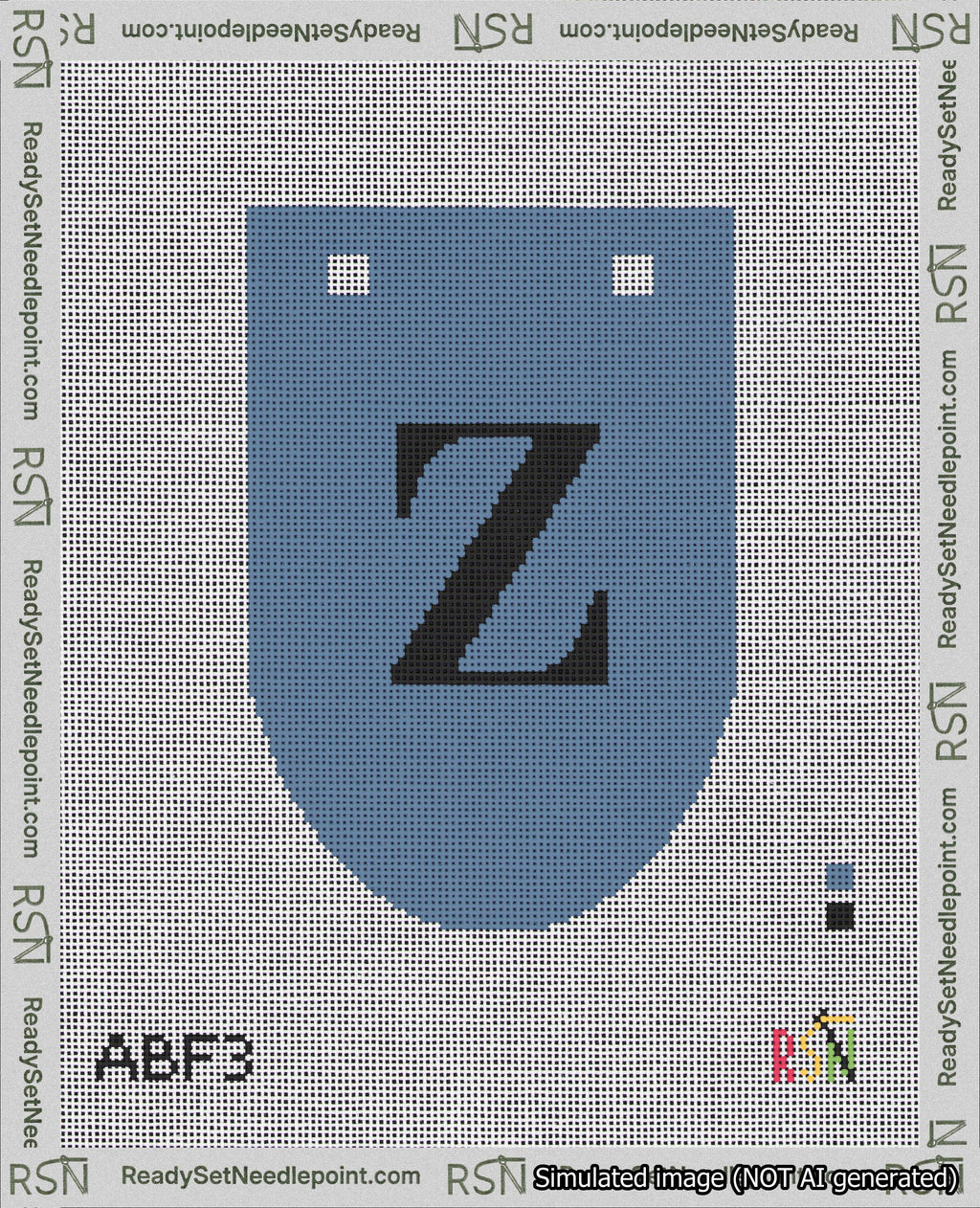 A taped needlepoint canvas with the design: Banner 18 mesh count Rounded Z Black on Blue.