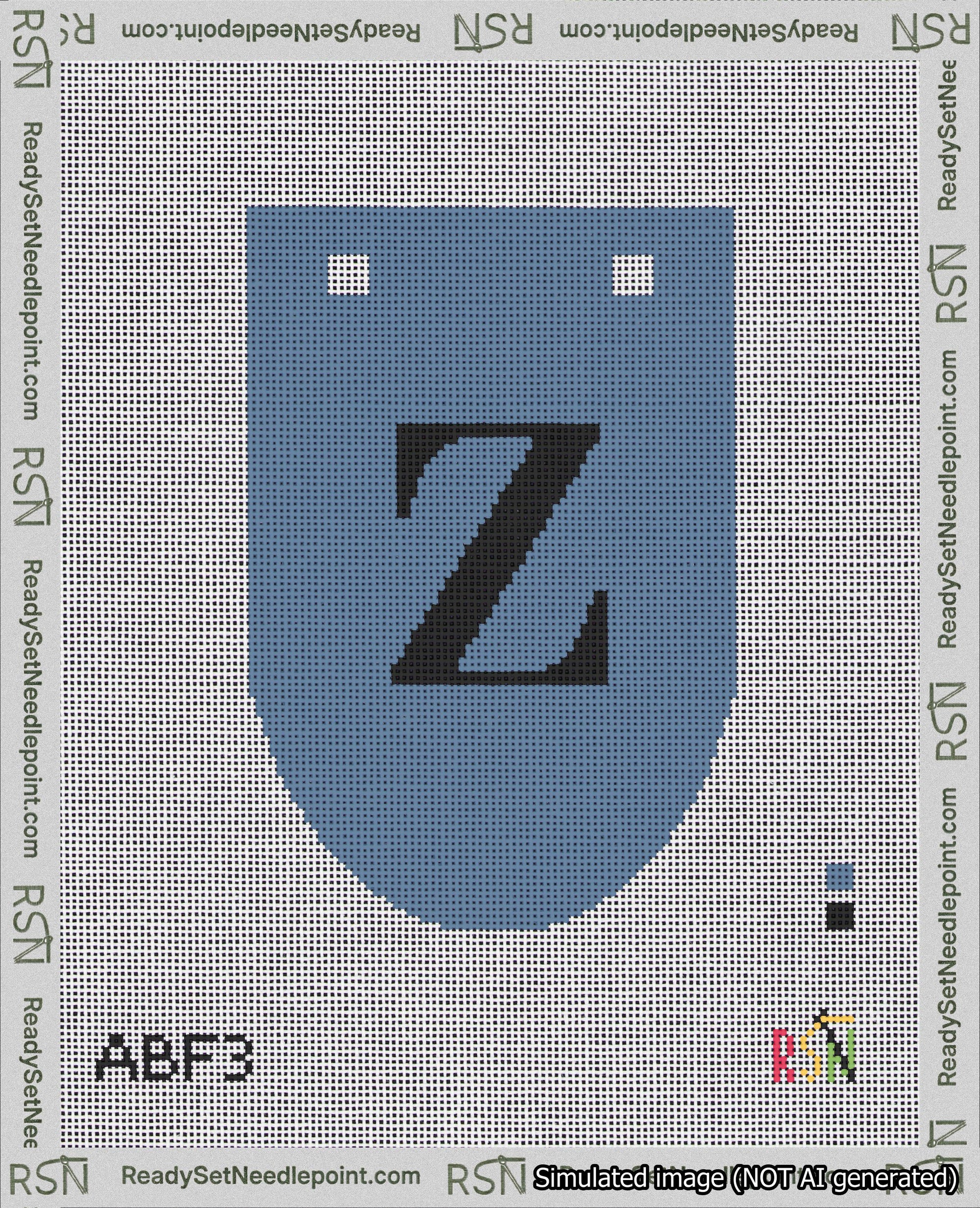 A taped needlepoint canvas with the design: Banner 18 mesh count Rounded Z Black on Blue.