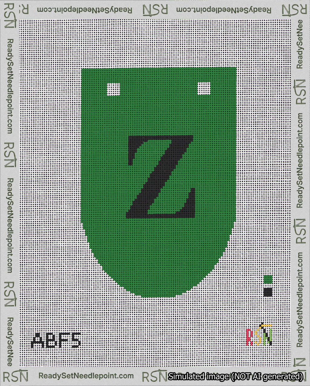 A taped needlepoint canvas with the design: Banner 18 mesh count Rounded Z Black on Green.