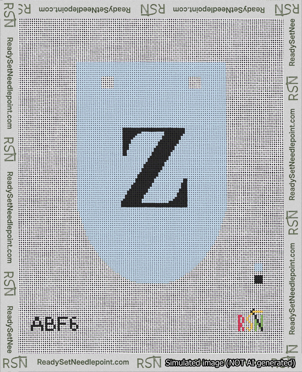 A taped needlepoint canvas with the design: Banner 18 mesh count Rounded Z Black on Light Blue.