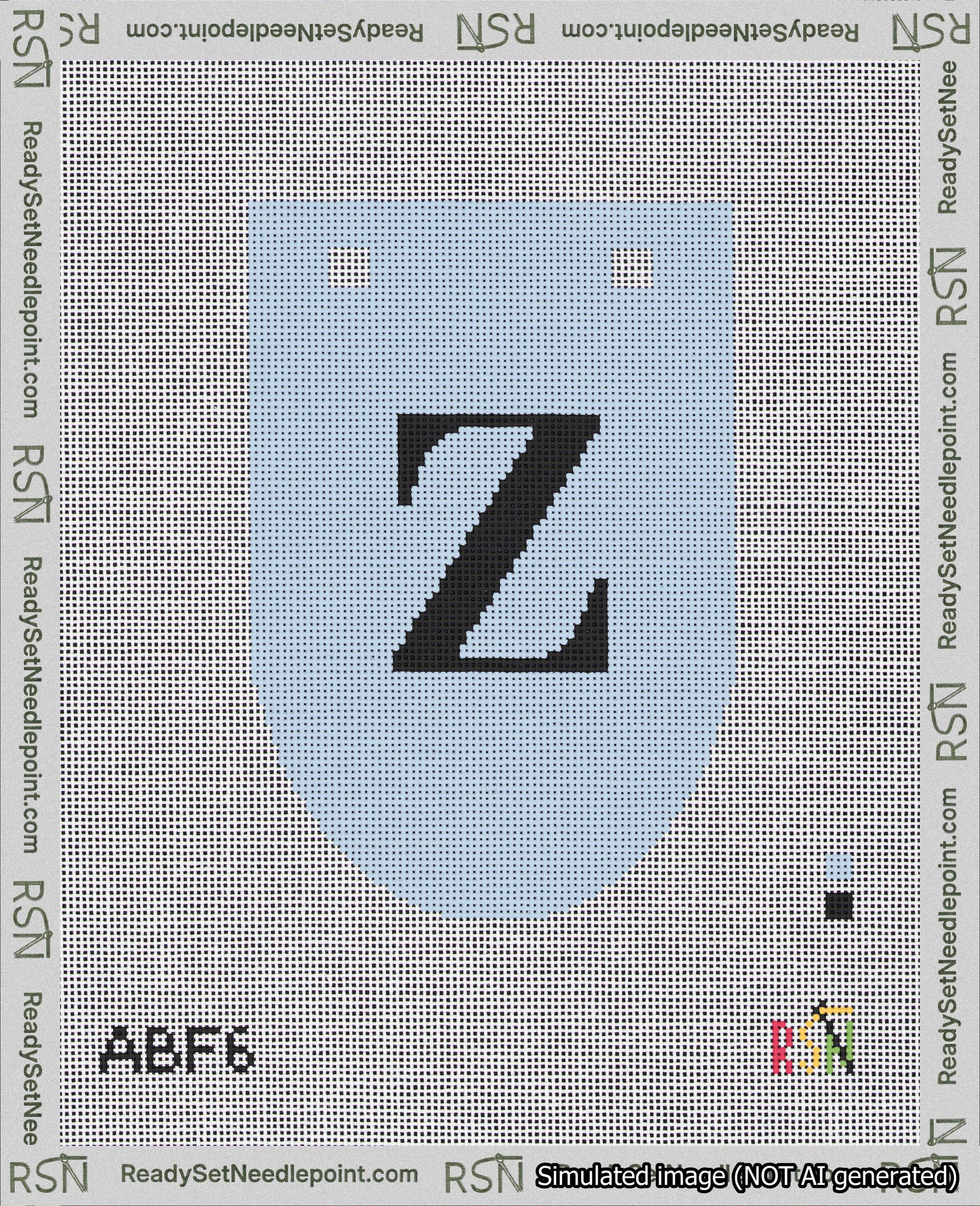 A taped needlepoint canvas with the design: Banner 18 mesh count Rounded Z Black on Light Blue.