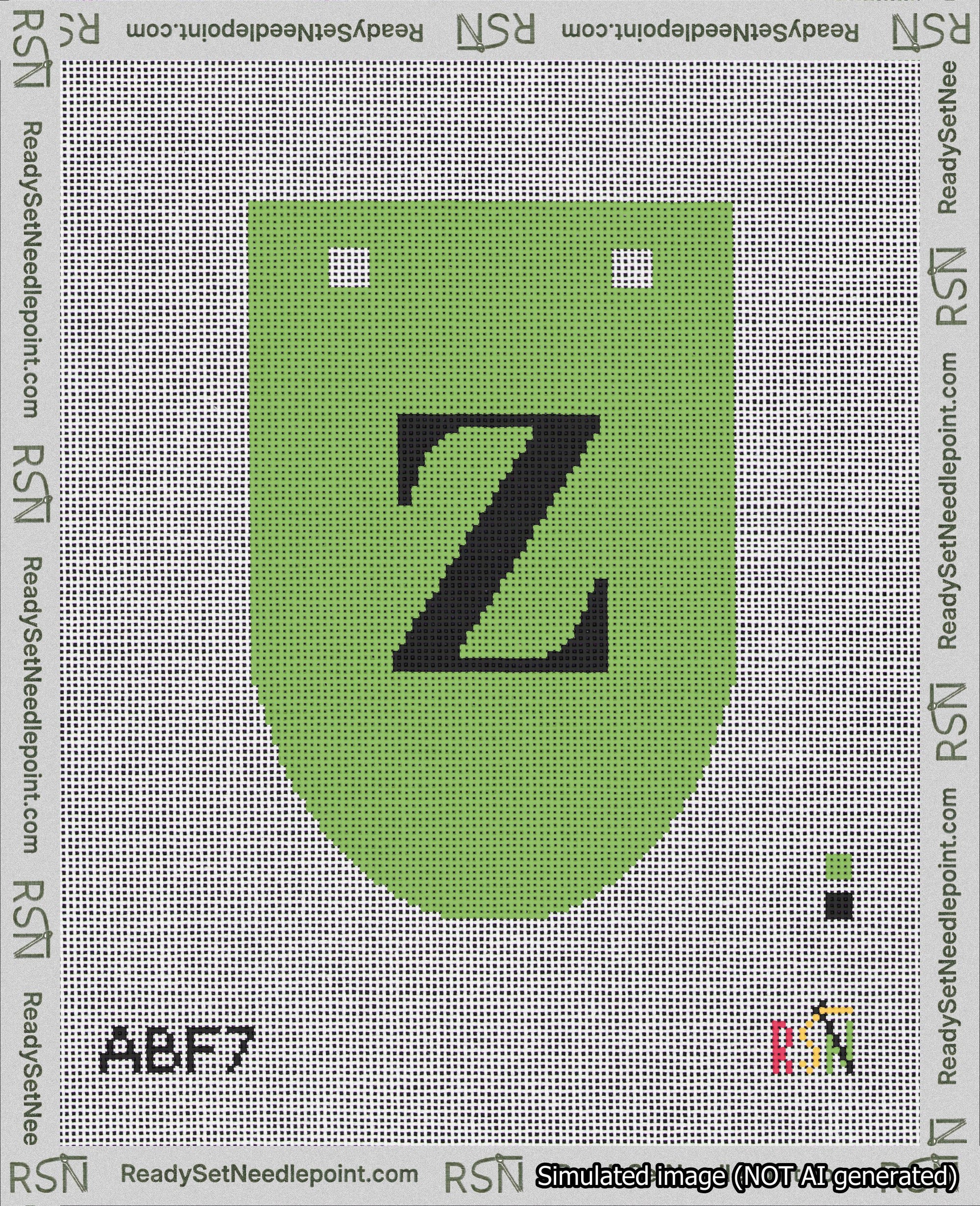 A taped needlepoint canvas with the design: Banner 18 mesh count Rounded Z Black on Light Green.