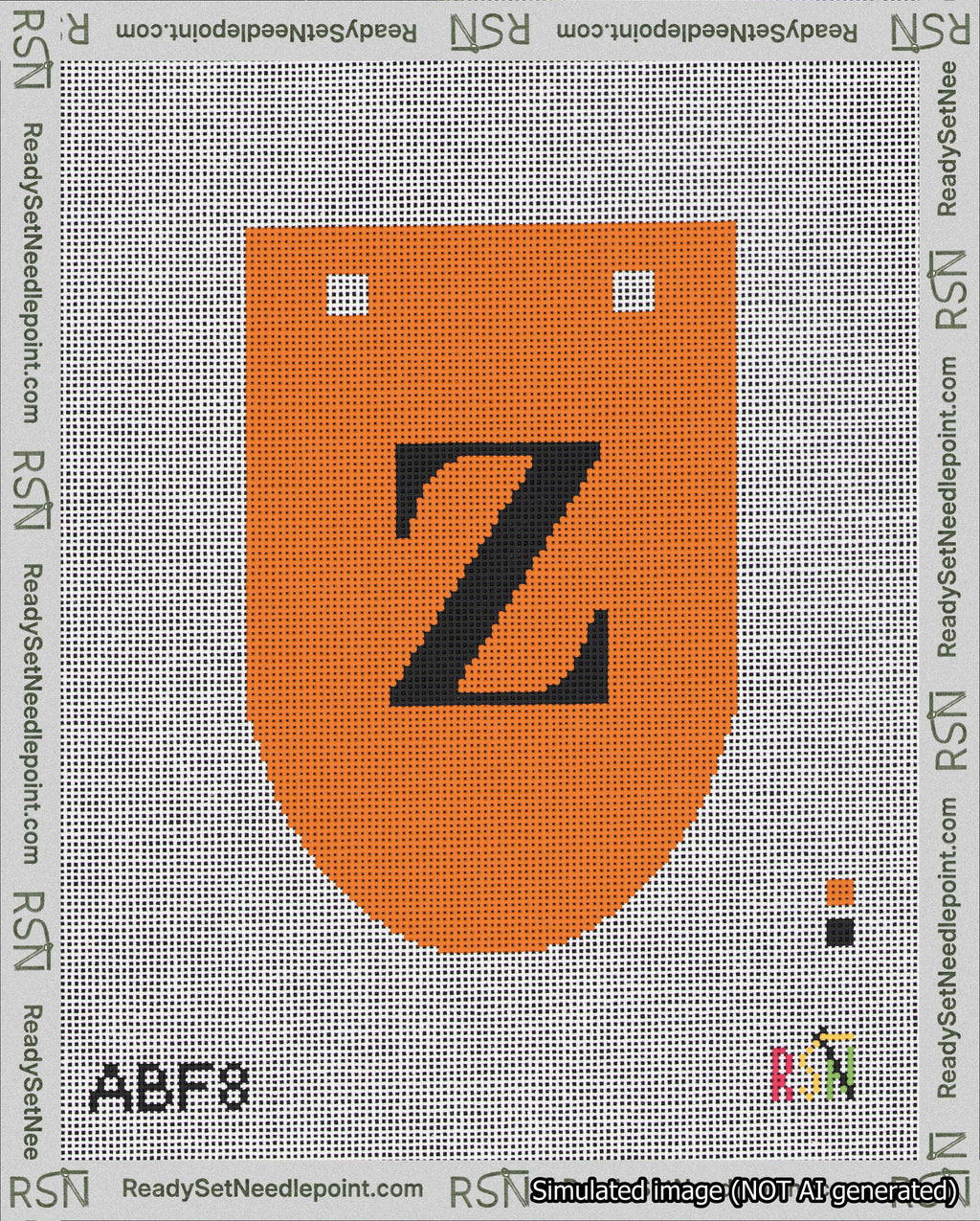 A taped needlepoint canvas with the design: Banner 18 mesh count Rounded Z Black on Orange.