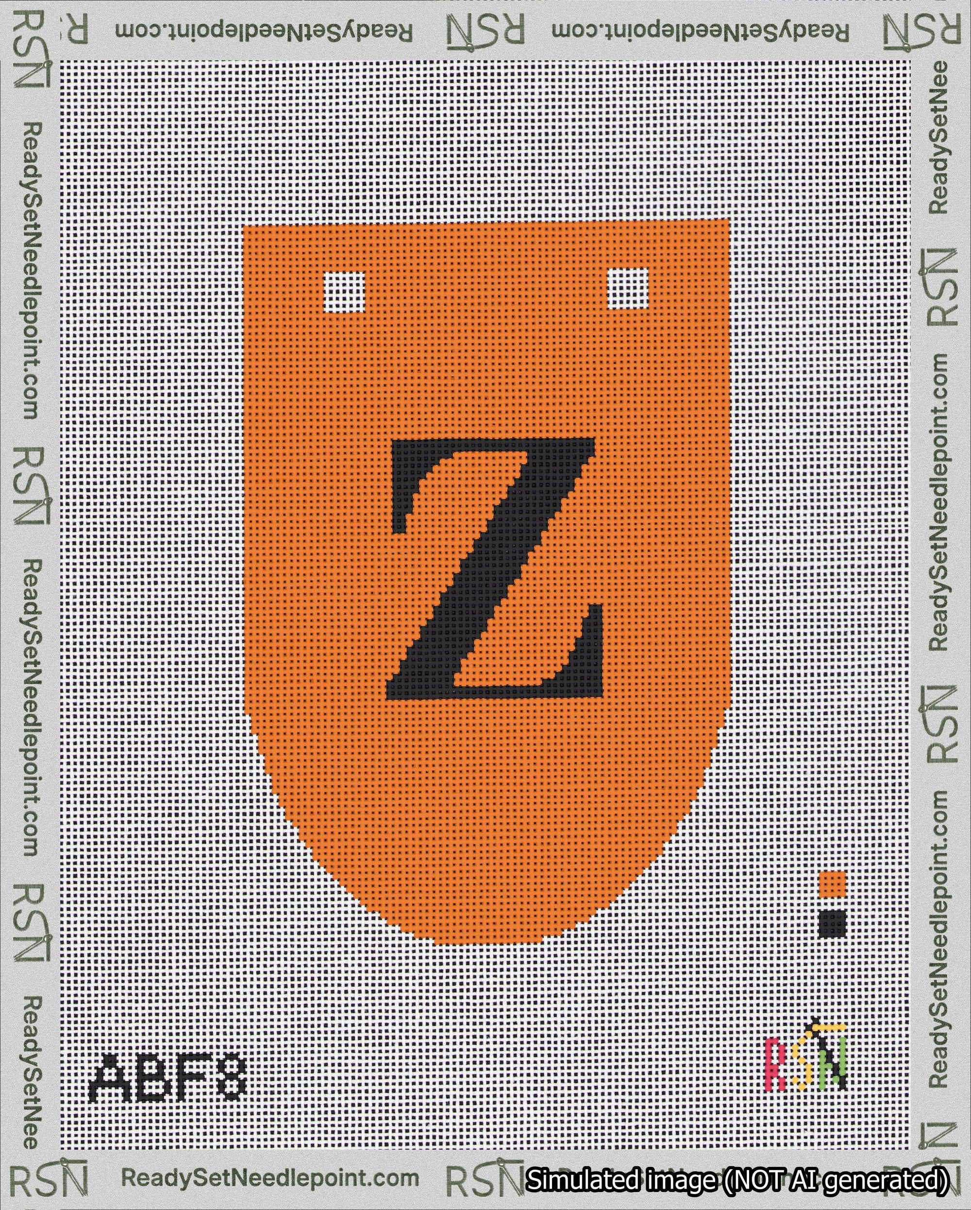 A taped needlepoint canvas with the design: Banner 18 mesh count Rounded Z Black on Orange.