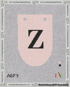 A taped needlepoint canvas with the design: Banner 18 mesh count Rounded Z Black on Pink.