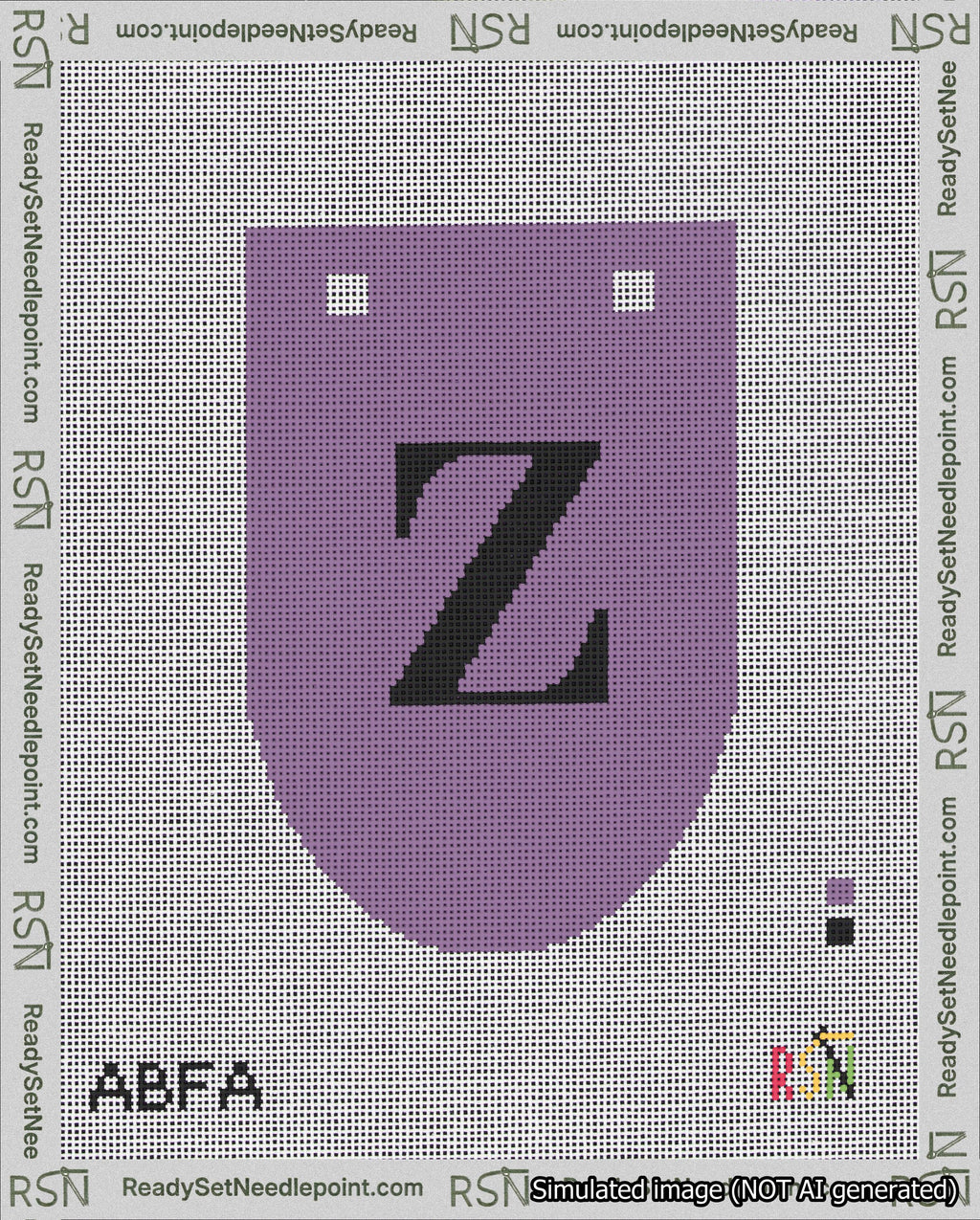 A taped needlepoint canvas with the design: Banner 18 mesh count Rounded Z Black on Purple.