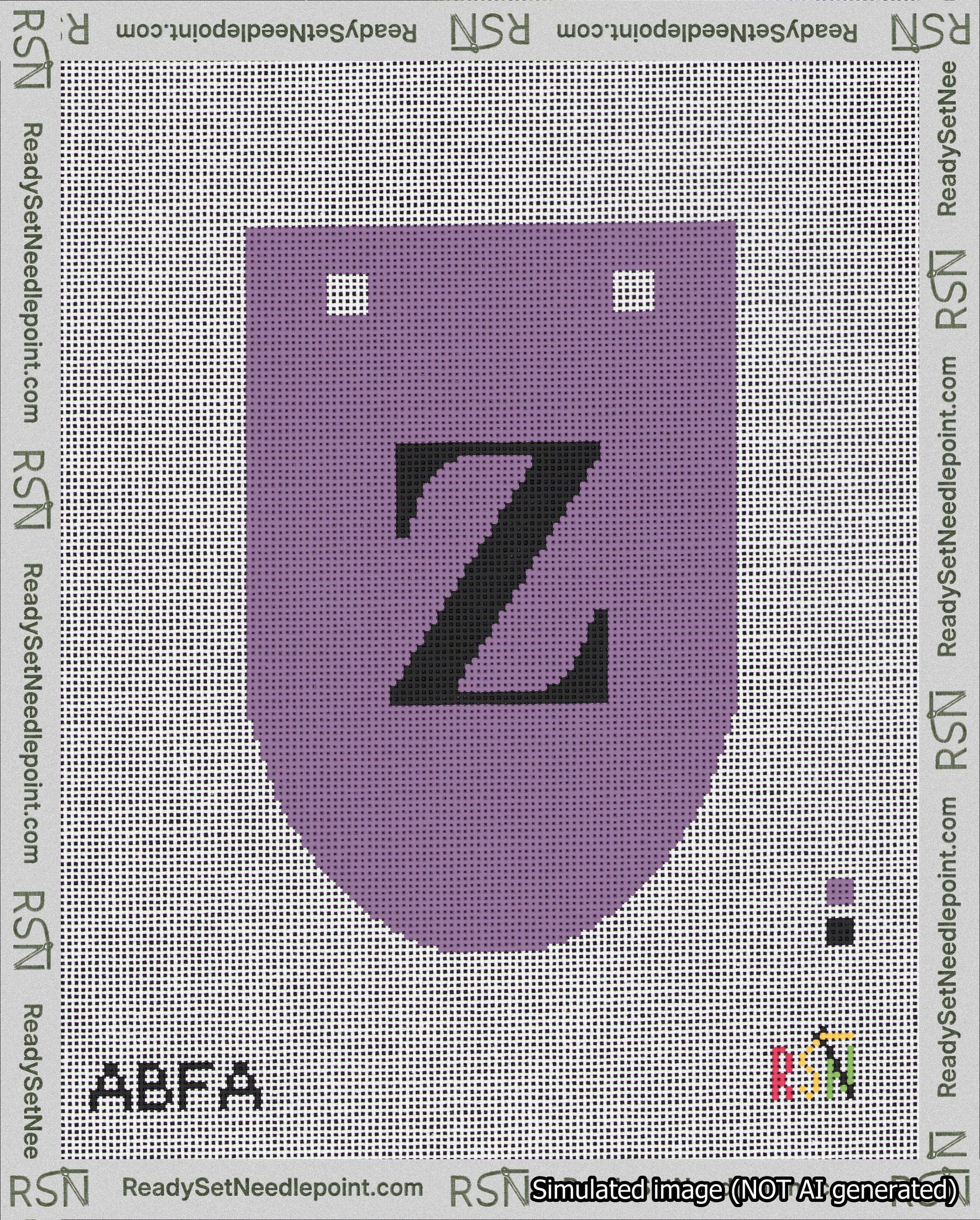 A taped needlepoint canvas with the design: Banner 18 mesh count Rounded Z Black on Purple.