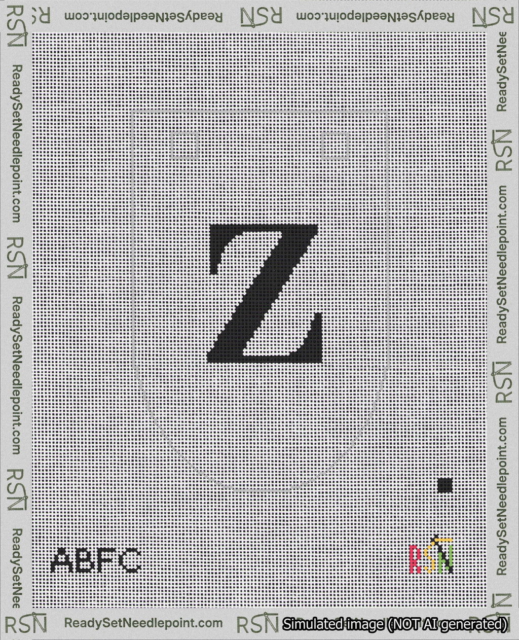 A taped needlepoint canvas with the design: Banner 18 mesh count Rounded Z Black on White.