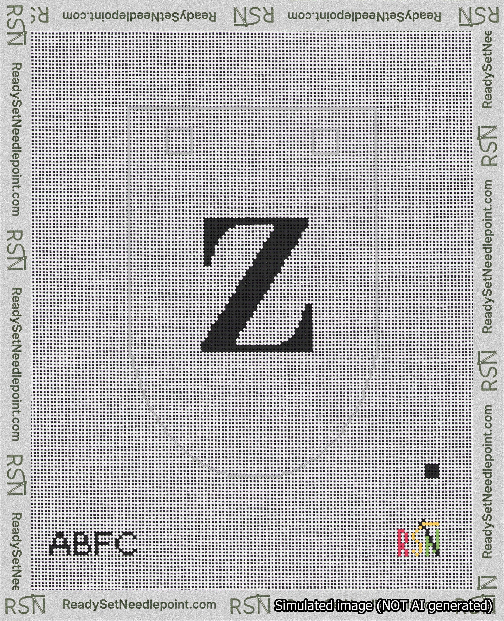 A taped needlepoint canvas with the design: Banner 18 mesh count Rounded Z Black on White.