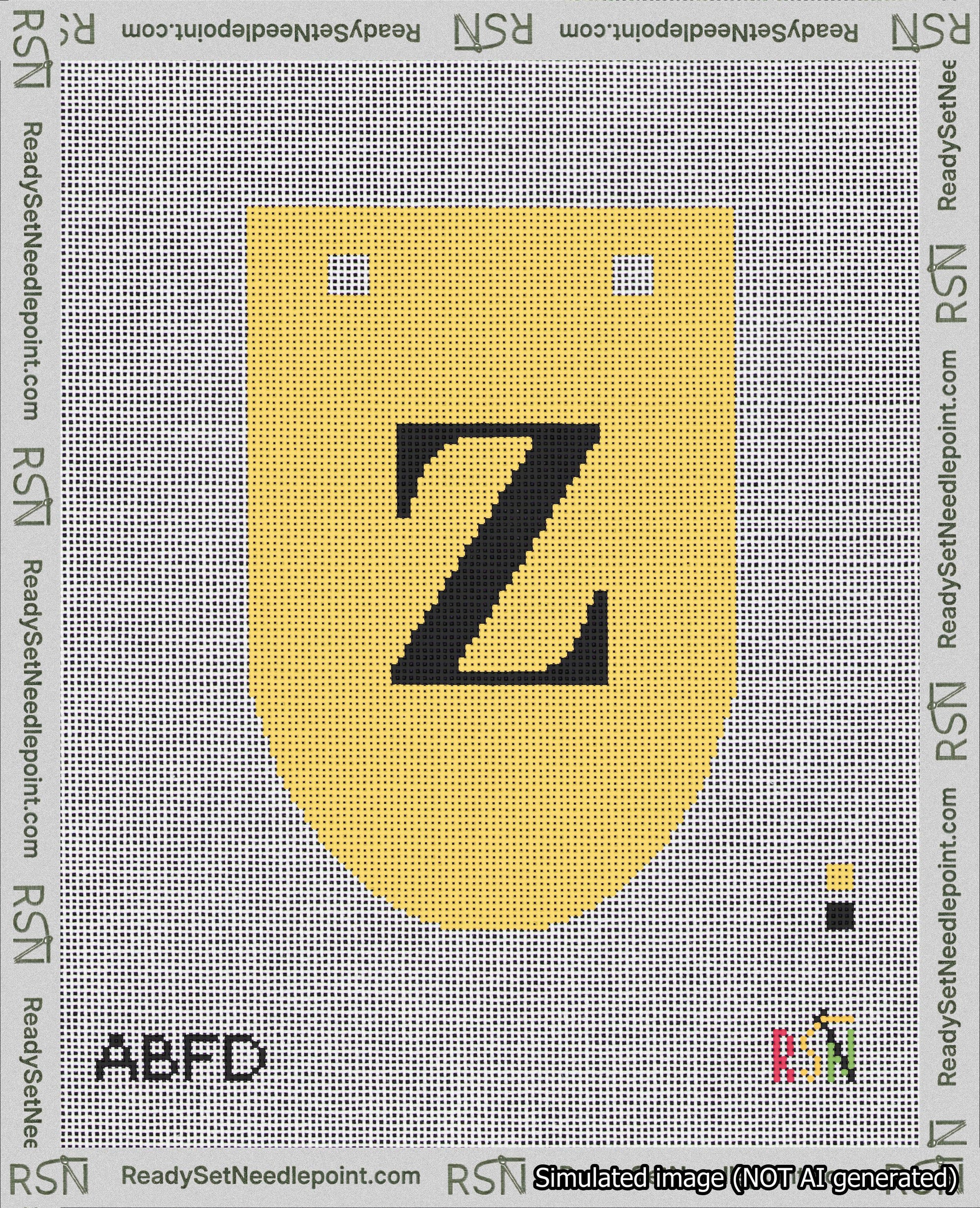 A taped needlepoint canvas with the design: Banner 18 mesh count Rounded Z Black on Yellow.