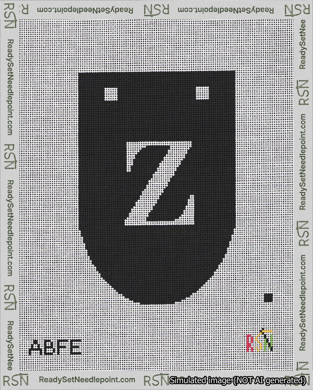 A taped needlepoint canvas with the design: Banner 18 mesh count Rounded Z White on Black.