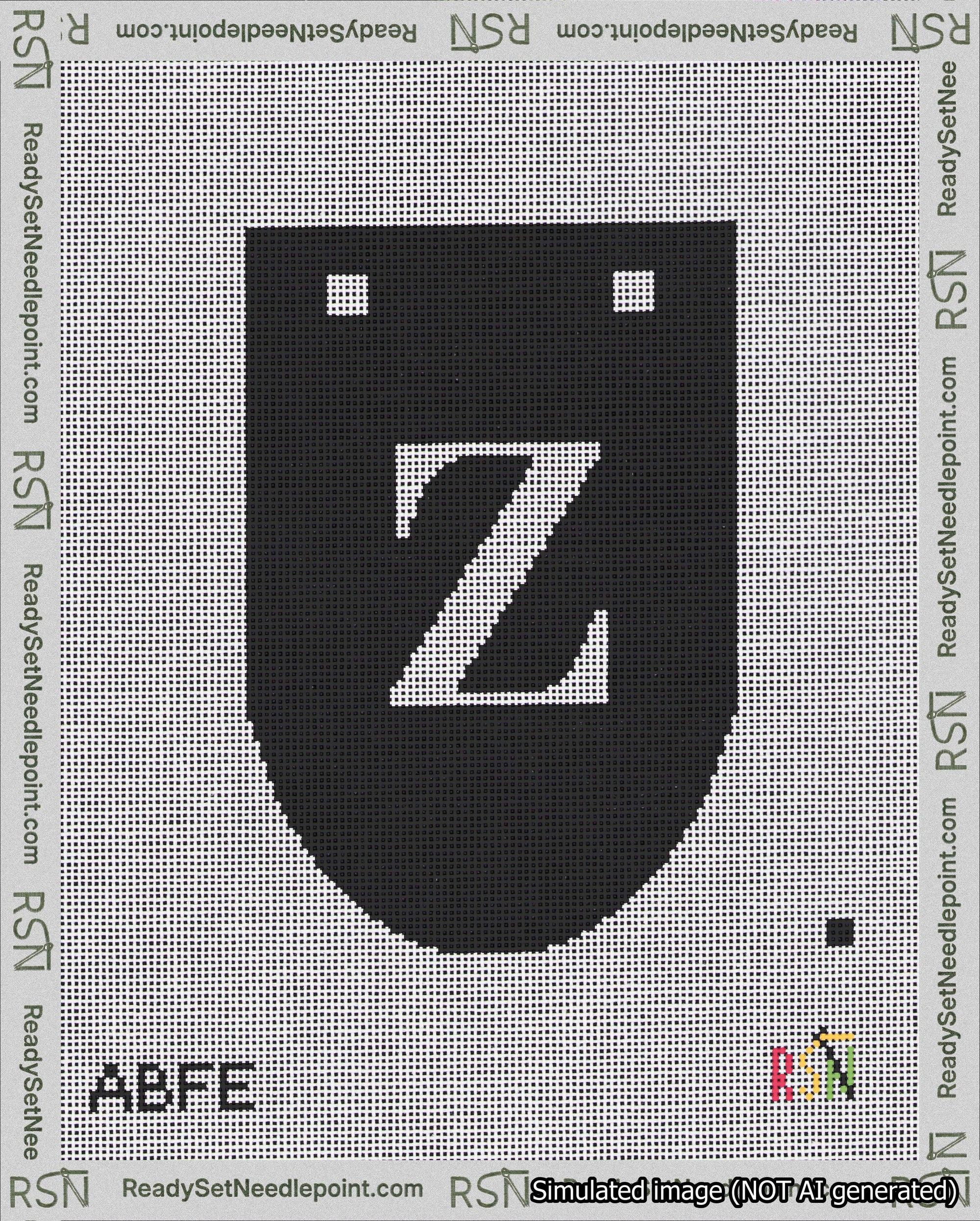 A taped needlepoint canvas with the design: Banner 18 mesh count Rounded Z White on Black.