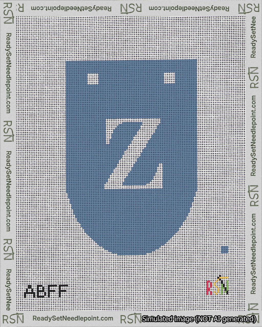 A taped needlepoint canvas with the design: Banner 18 mesh count Rounded Z White on Blue.