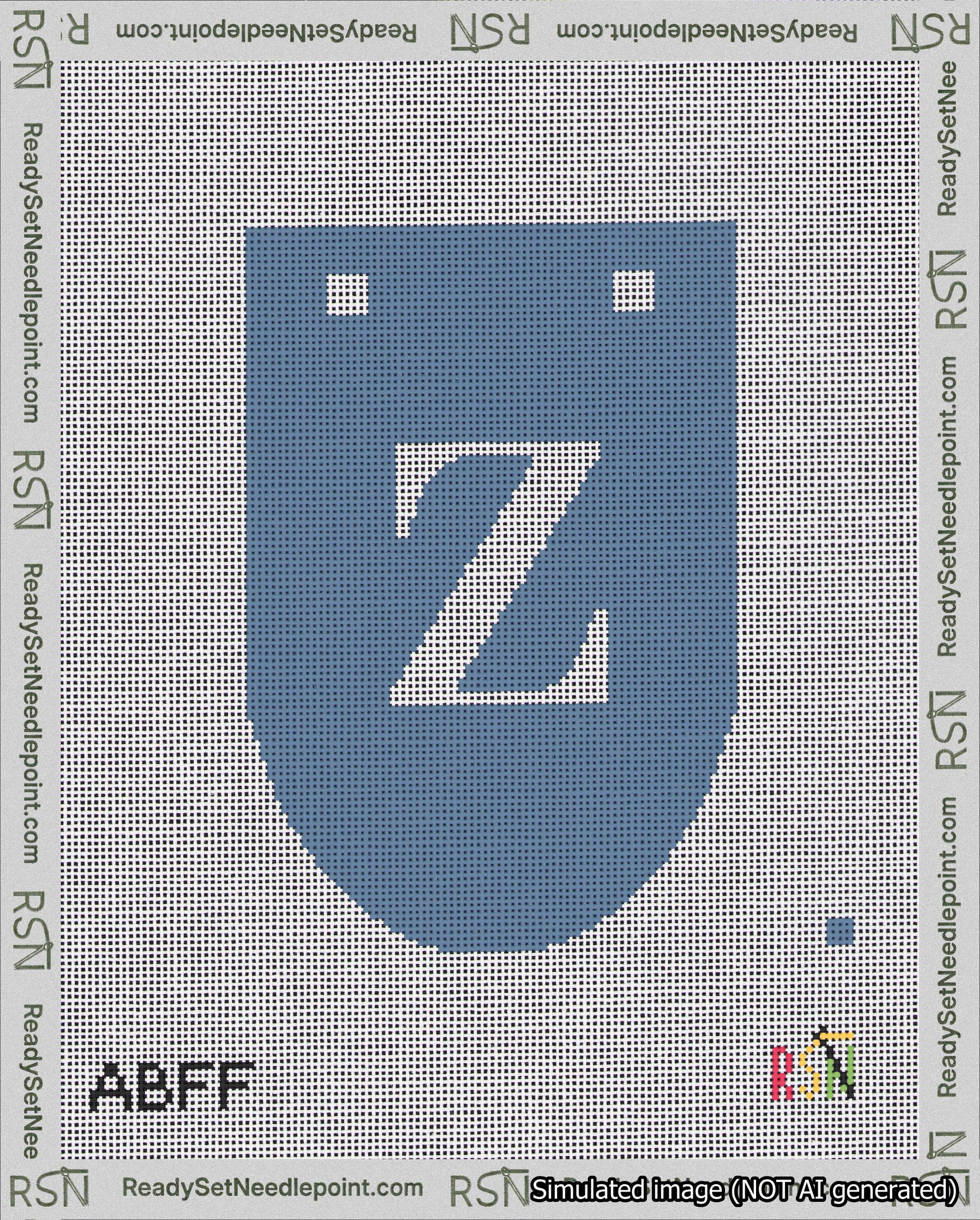 A taped needlepoint canvas with the design: Banner 18 mesh count Rounded Z White on Blue.