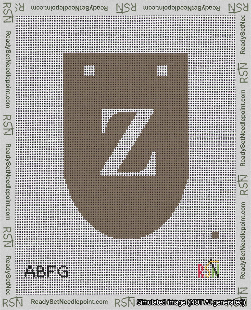 A taped needlepoint canvas with the design: Banner 18 mesh count Rounded Z White on Brown.