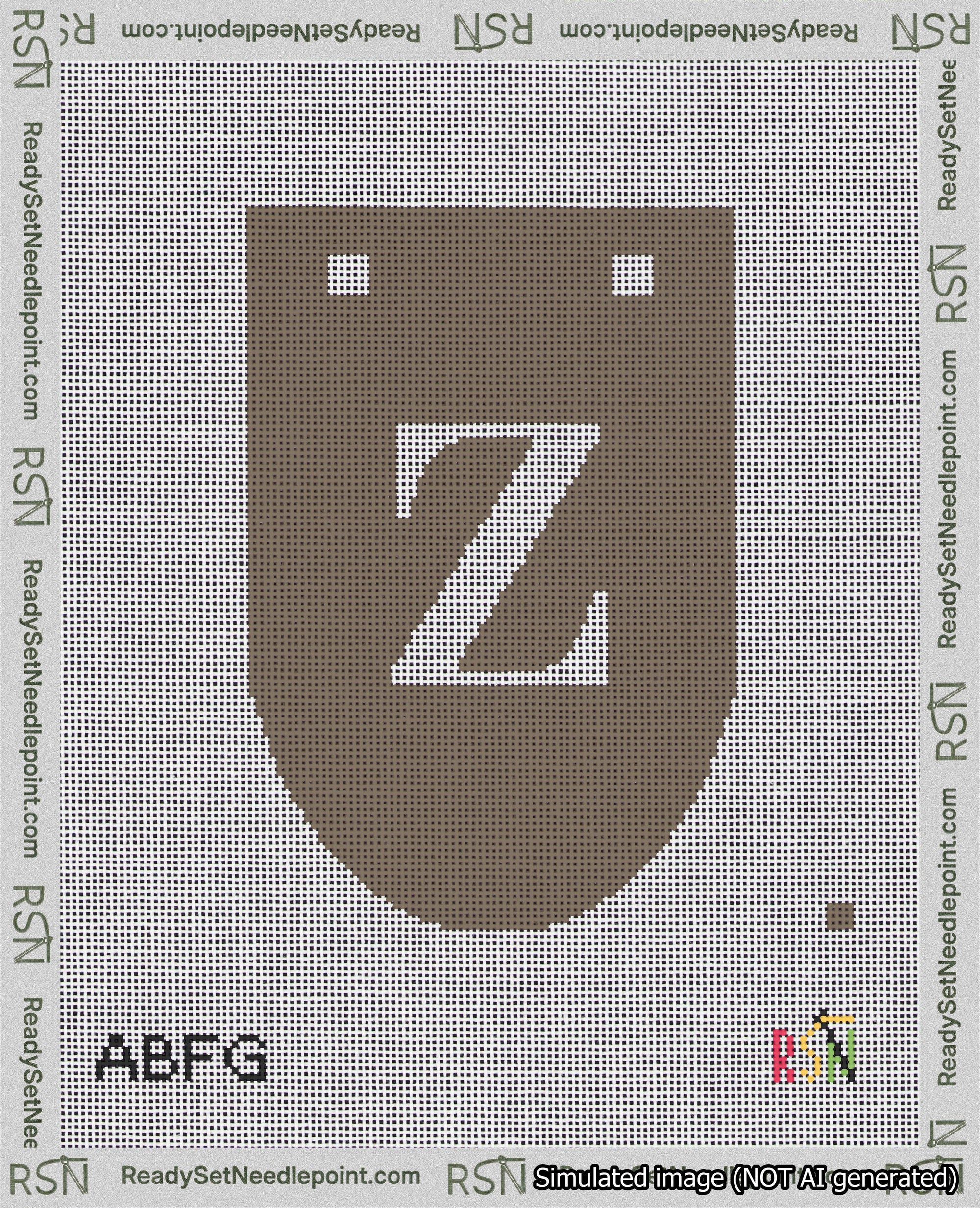 A taped needlepoint canvas with the design: Banner 18 mesh count Rounded Z White on Brown.