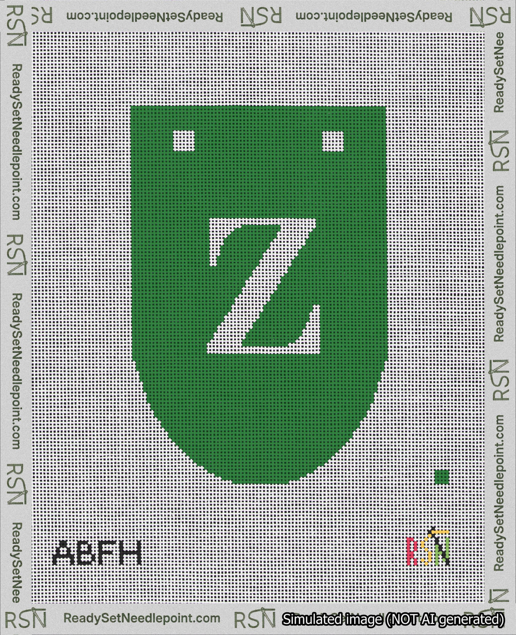 A taped needlepoint canvas with the design: Banner 18 mesh count Rounded Z White on Green.