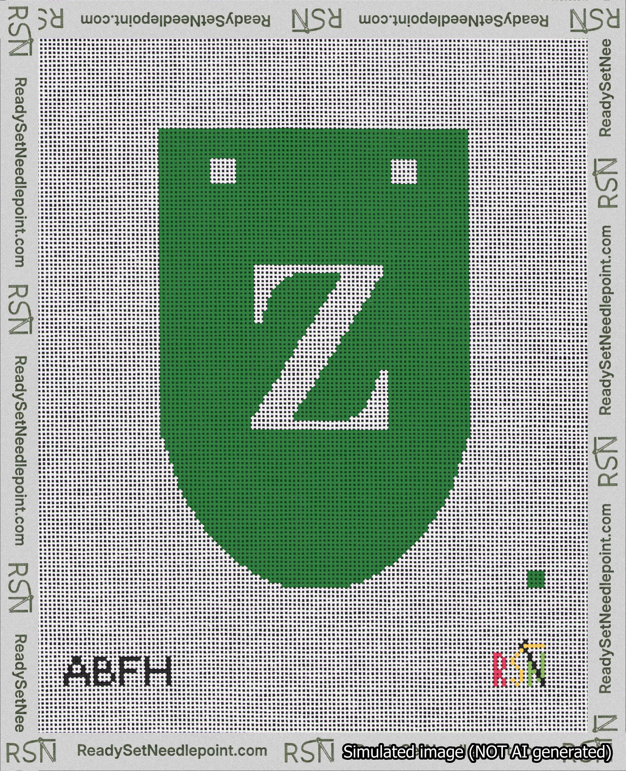 A taped needlepoint canvas with the design: Banner 18 mesh count Rounded Z White on Green.