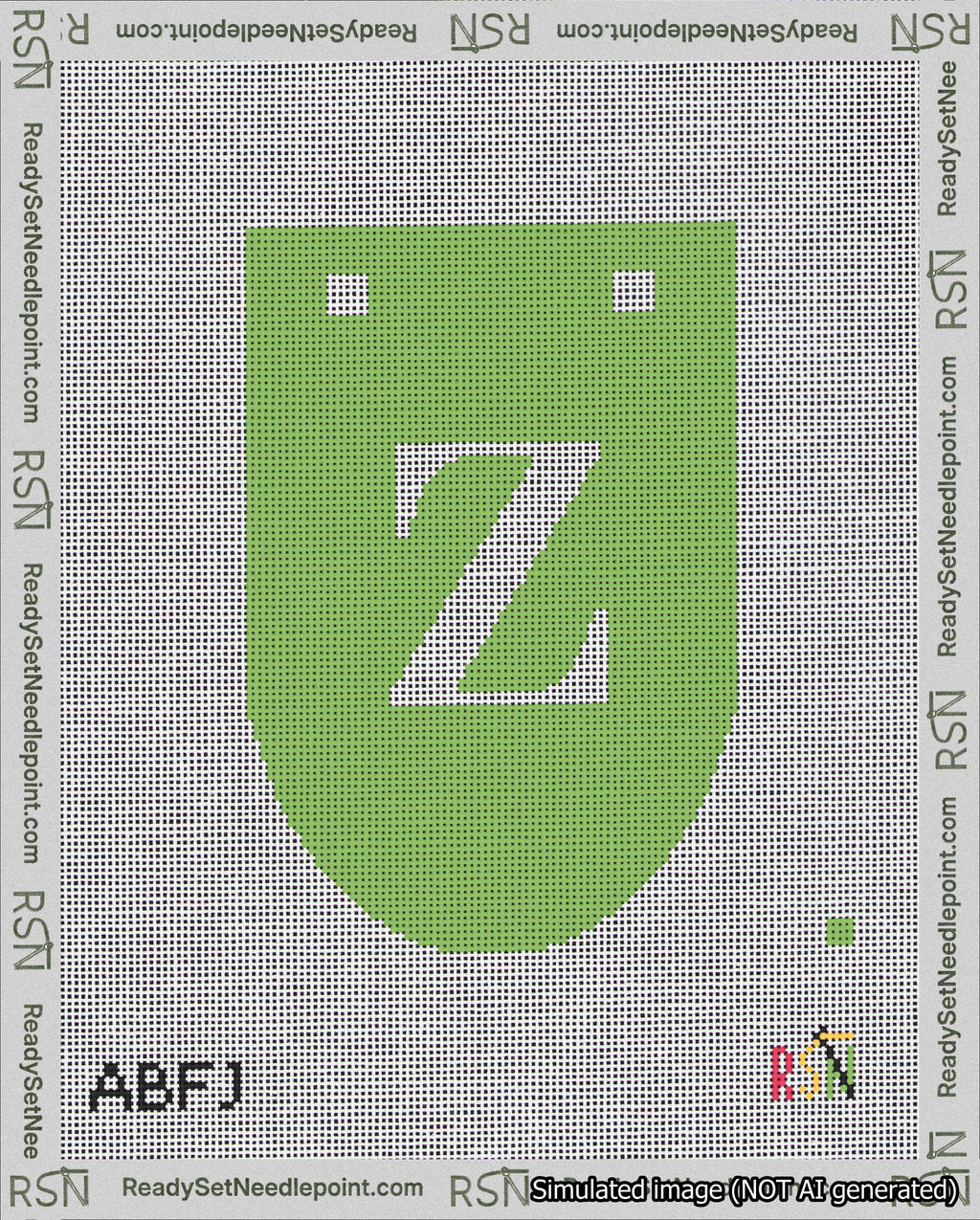 A taped needlepoint canvas with the design: Banner 18 mesh count Rounded Z White on Light Green.