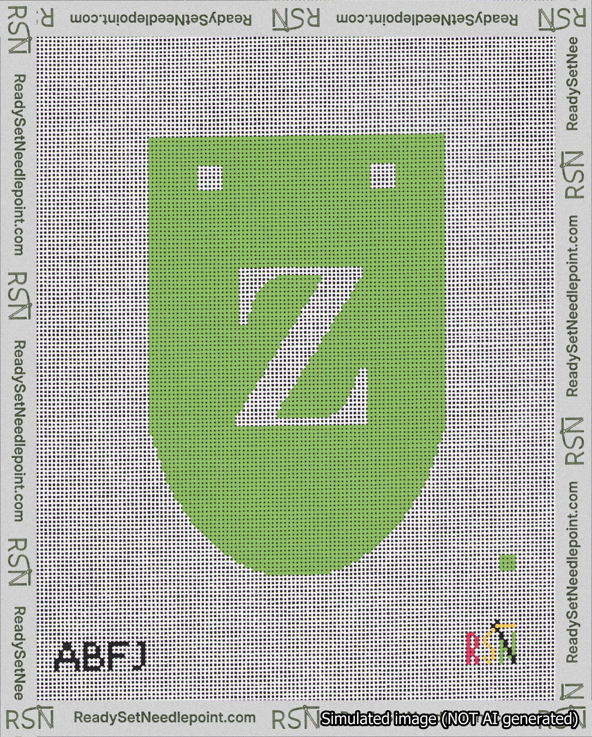 A taped needlepoint canvas with the design: Banner 18 mesh count Rounded Z White on Light Green.