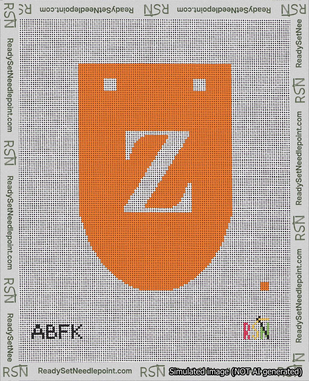 A taped needlepoint canvas with the design: Banner 18 mesh count Rounded Z White on Orange.