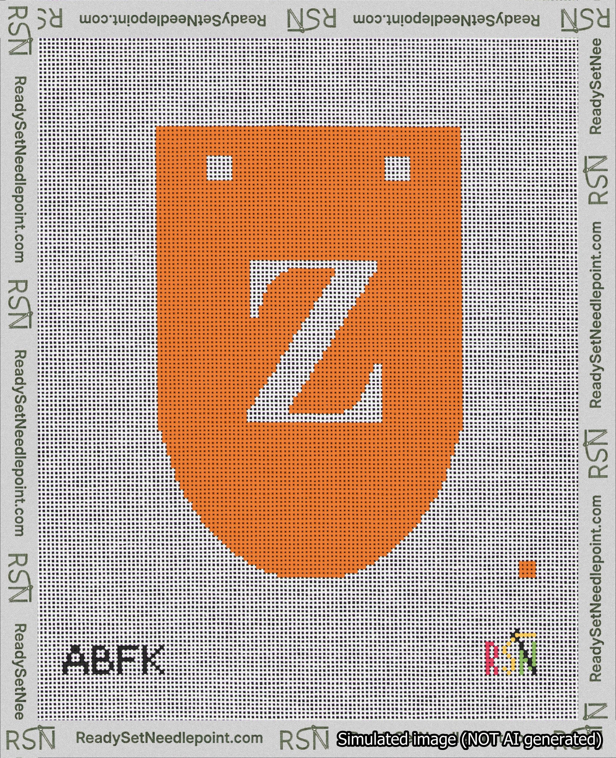 A taped needlepoint canvas with the design: Banner 18 mesh count Rounded Z White on Orange.