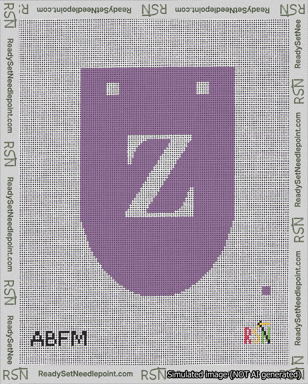 A taped needlepoint canvas with the design: Banner 18 mesh count Rounded Z White on Purple.