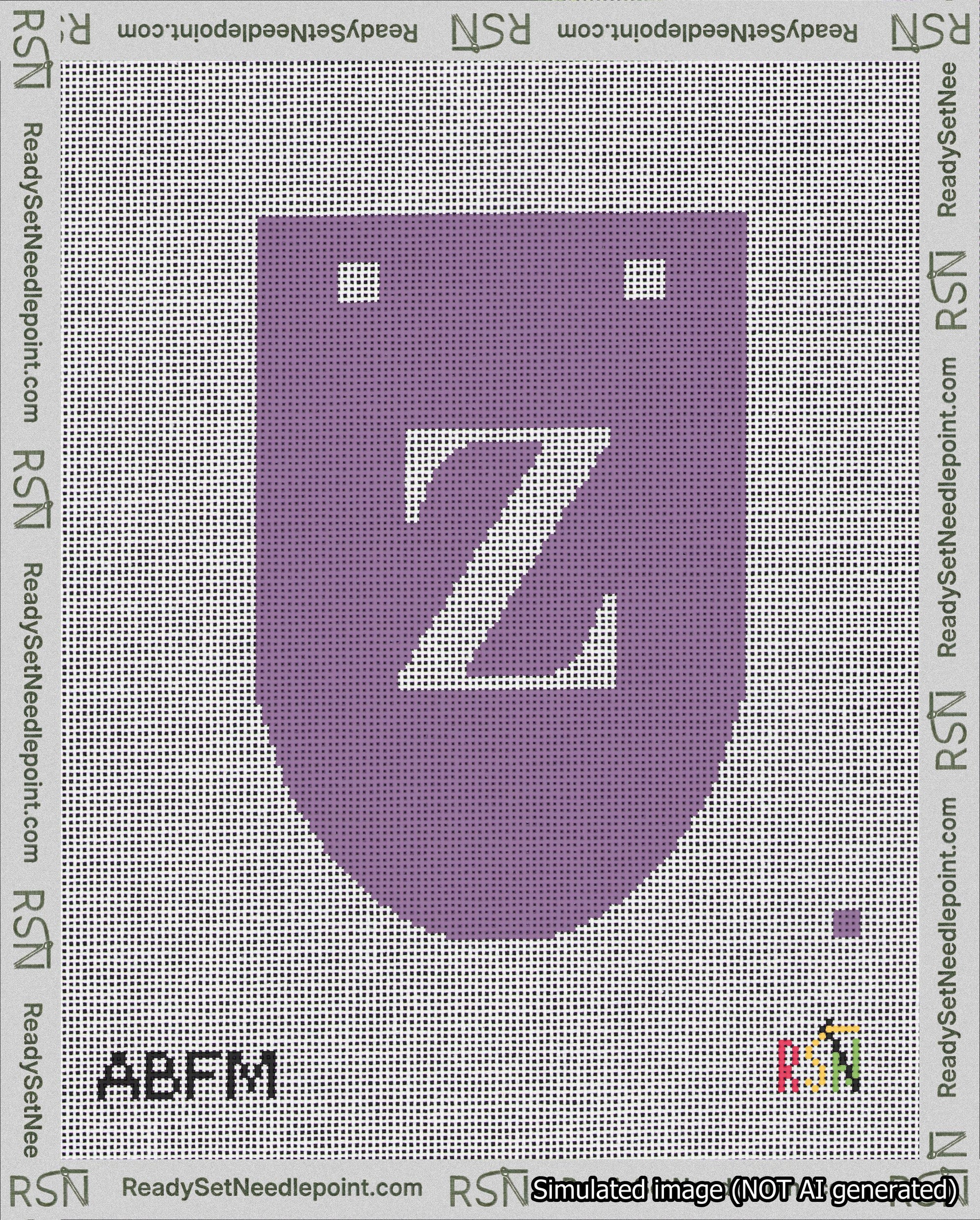 A taped needlepoint canvas with the design: Banner 18 mesh count Rounded Z White on Purple.