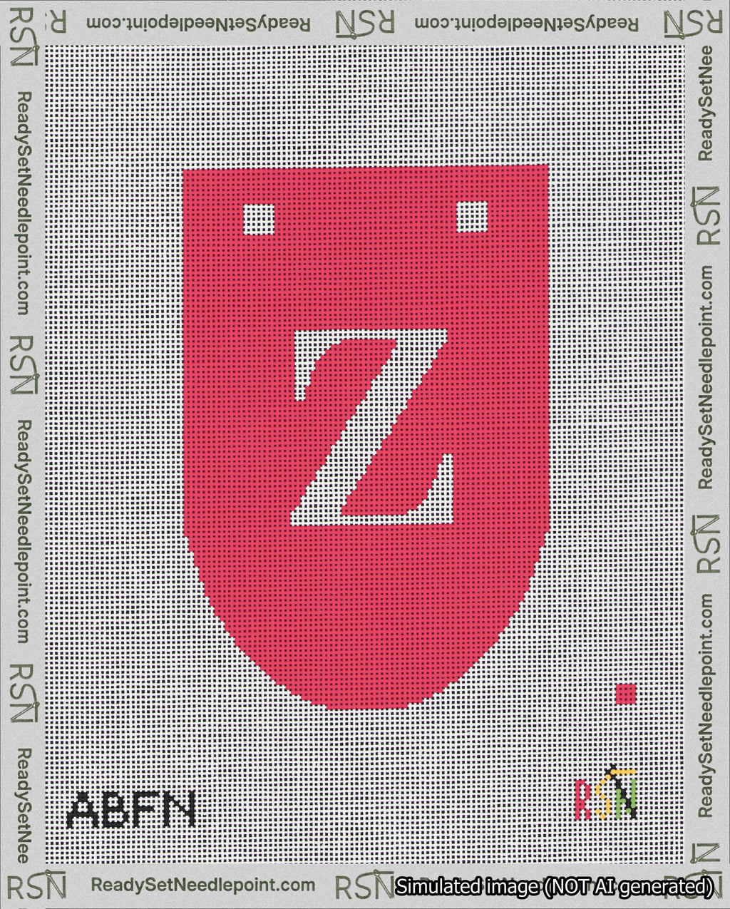 A taped needlepoint canvas with the design: Banner 18 mesh count Rounded Z White on Red.