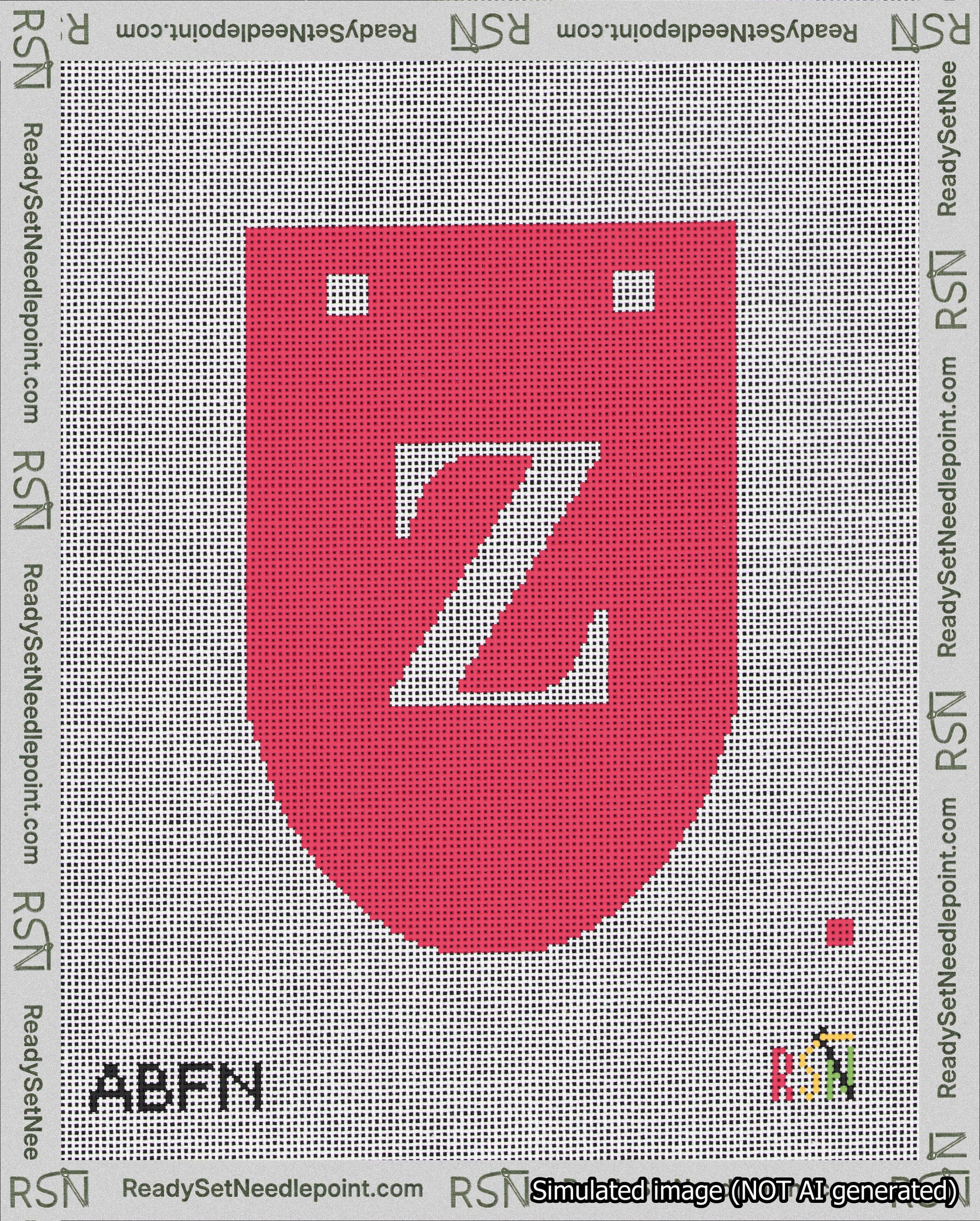 A taped needlepoint canvas with the design: Banner 18 mesh count Rounded Z White on Red.