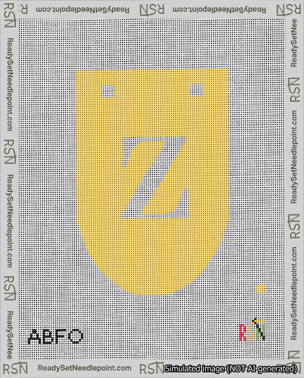 A taped needlepoint canvas with the design: Banner 18 mesh count Rounded Z White on Yellow.