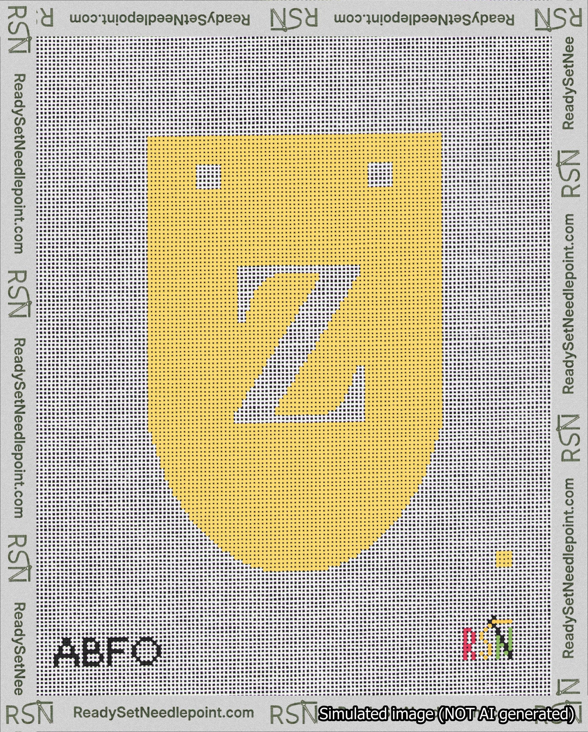 A taped needlepoint canvas with the design: Banner 18 mesh count Rounded Z White on Yellow.