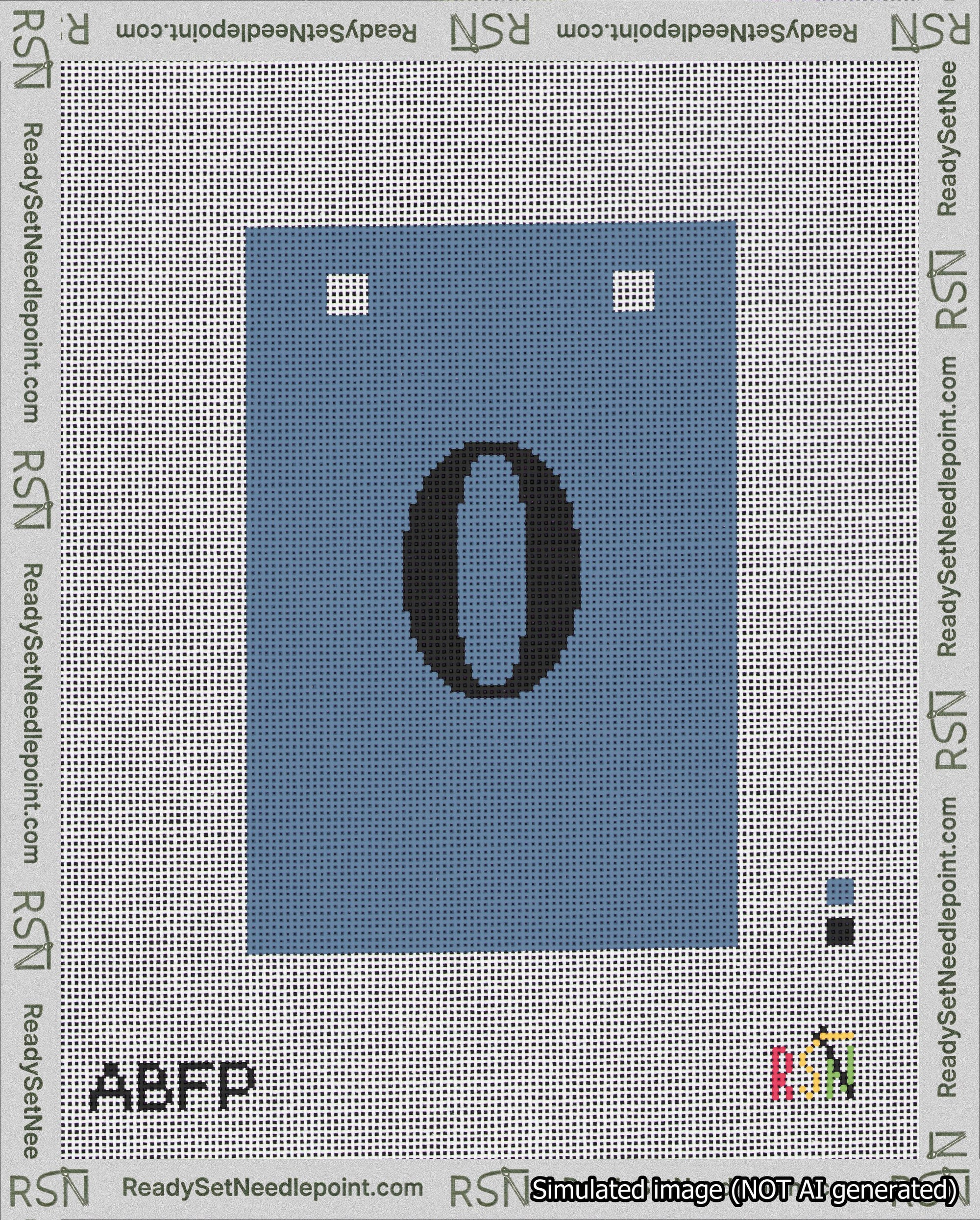 A taped needlepoint canvas with the design: Banner 18 mesh count Squared 0 Black on Blue.