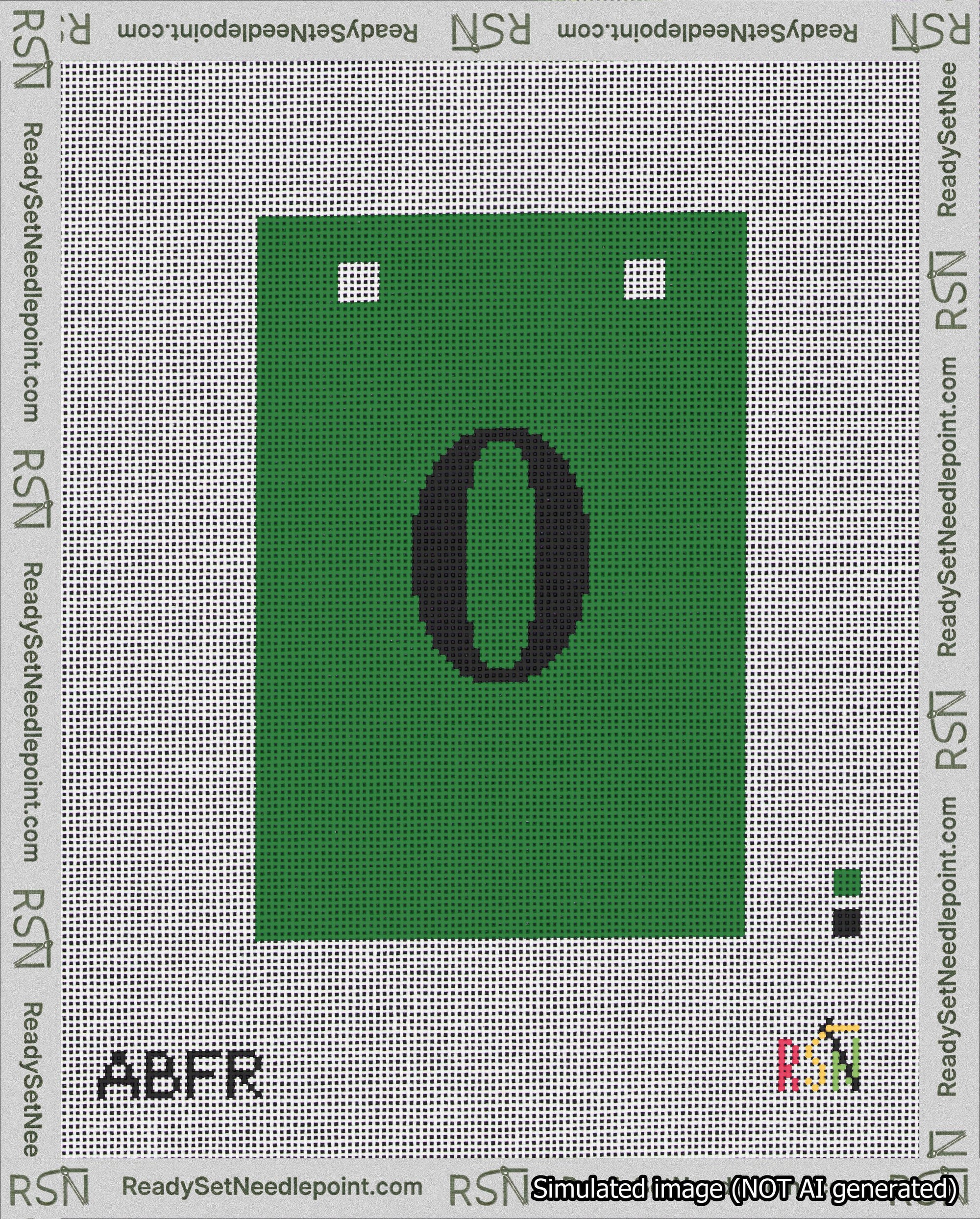 A taped needlepoint canvas with the design: Banner 18 mesh count Squared 0 Black on Green.
