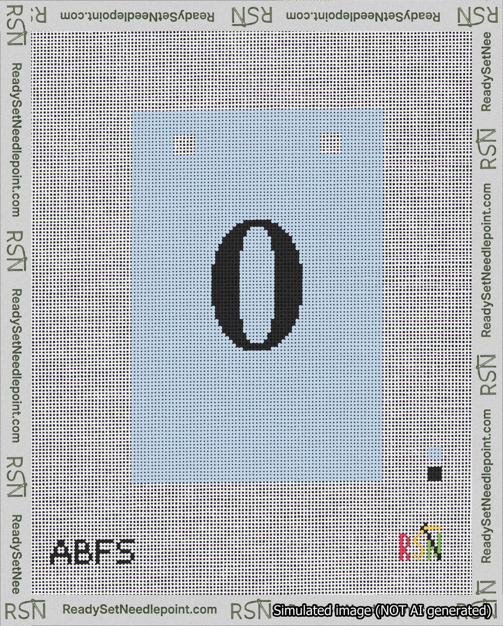 A taped needlepoint canvas with the design: Banner 18 mesh count Squared 0 Black on Light Blue.