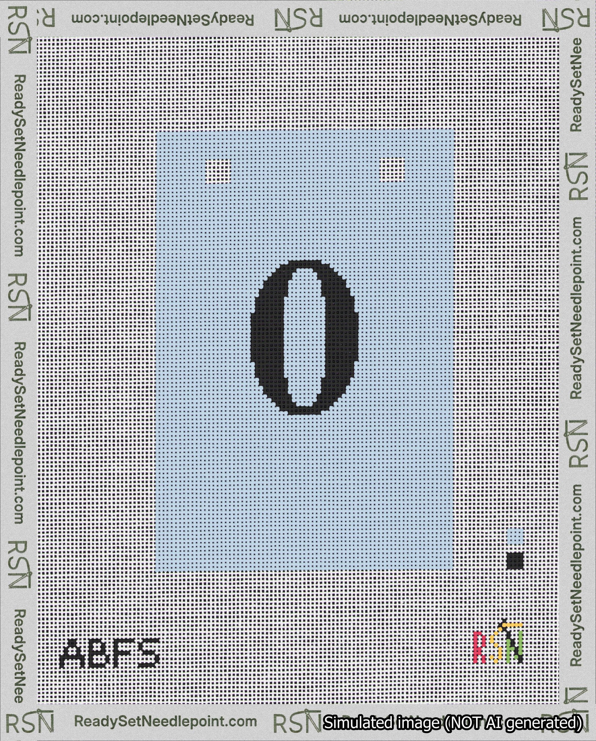 A taped needlepoint canvas with the design: Banner 18 mesh count Squared 0 Black on Light Blue.