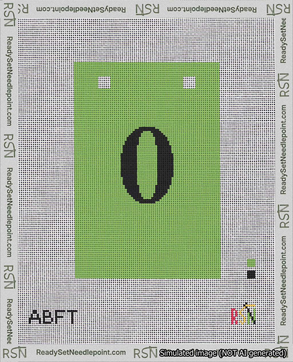 A taped needlepoint canvas with the design: Banner 18 mesh count Squared 0 Black on Light Green.
