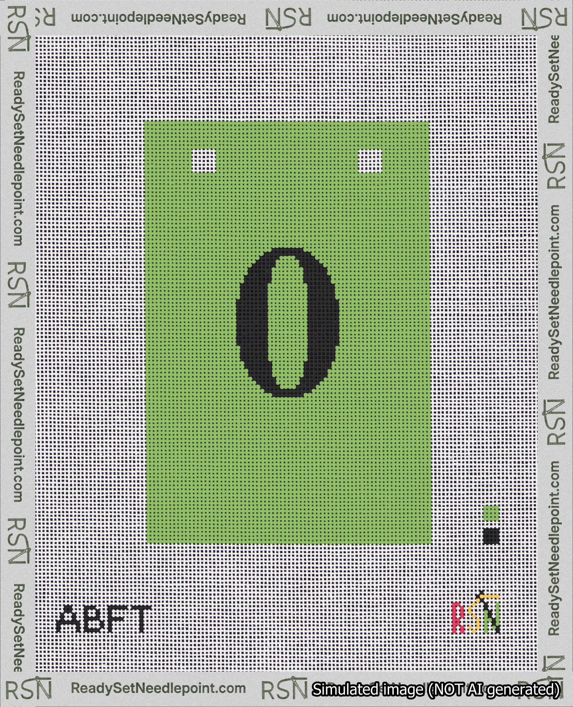 A taped needlepoint canvas with the design: Banner 18 mesh count Squared 0 Black on Light Green.