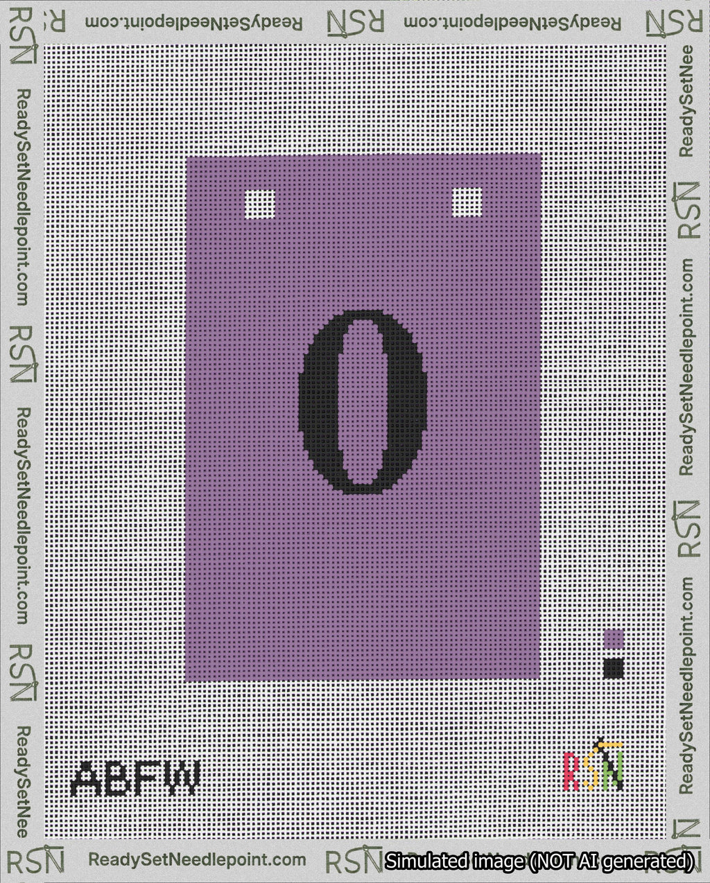 A taped needlepoint canvas with the design: Banner 18 mesh count Squared 0 Black on Purple.