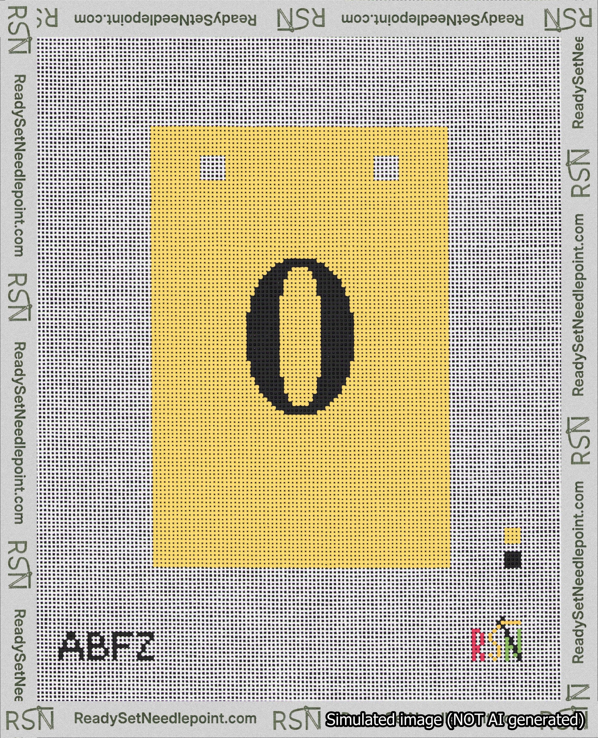 A taped needlepoint canvas with the design: Banner 18 mesh count Squared 0 Black on Yellow.