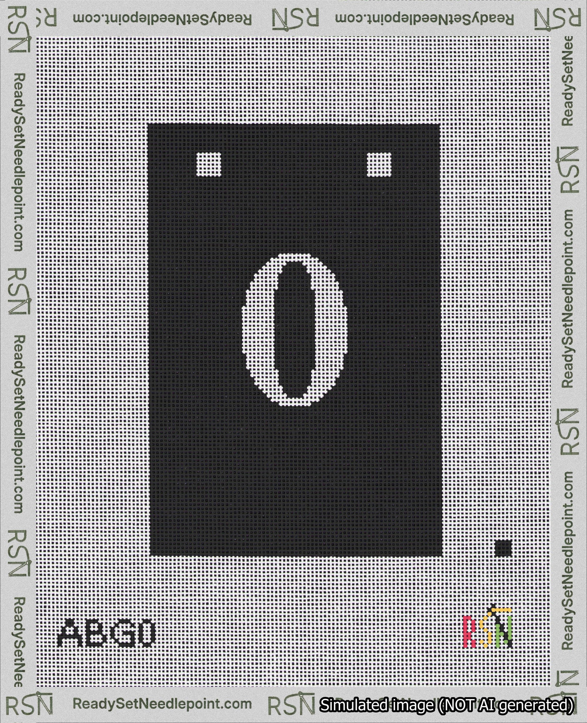 A taped needlepoint canvas with the design: Banner 18 mesh count Squared 0 White on Black.