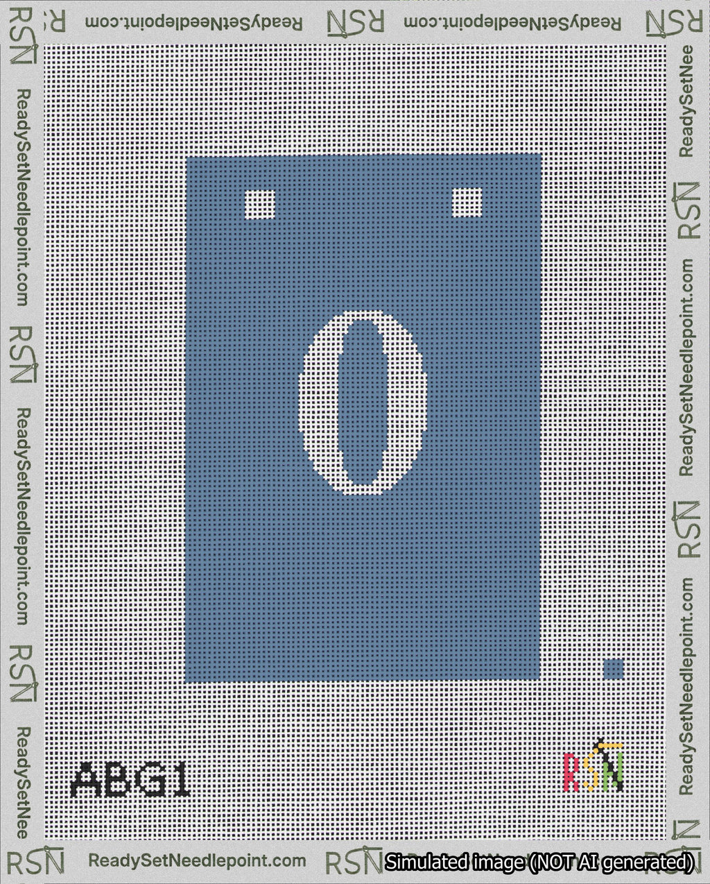 A taped needlepoint canvas with the design: Banner 18 mesh count Squared 0 White on Blue.