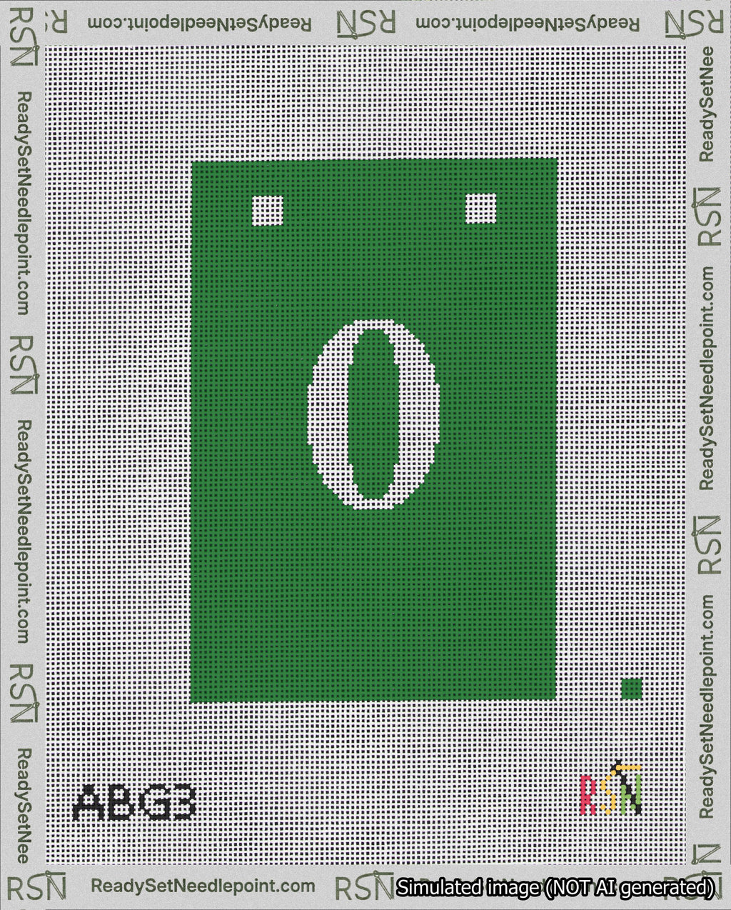 A taped needlepoint canvas with the design: Banner 18 mesh count Squared 0 White on Green.